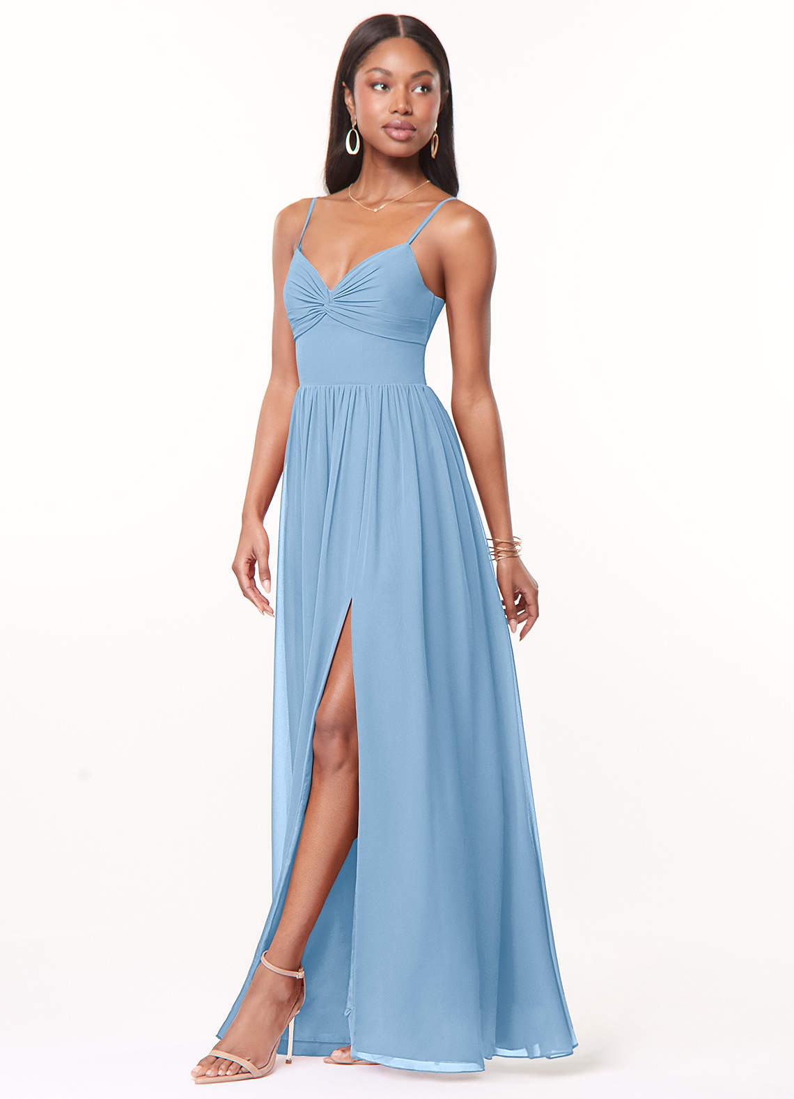 Azazie Zeya Bridesmaid Dresses Powder Blue A-Line V-Neck Pleated Chiffon Dress image1