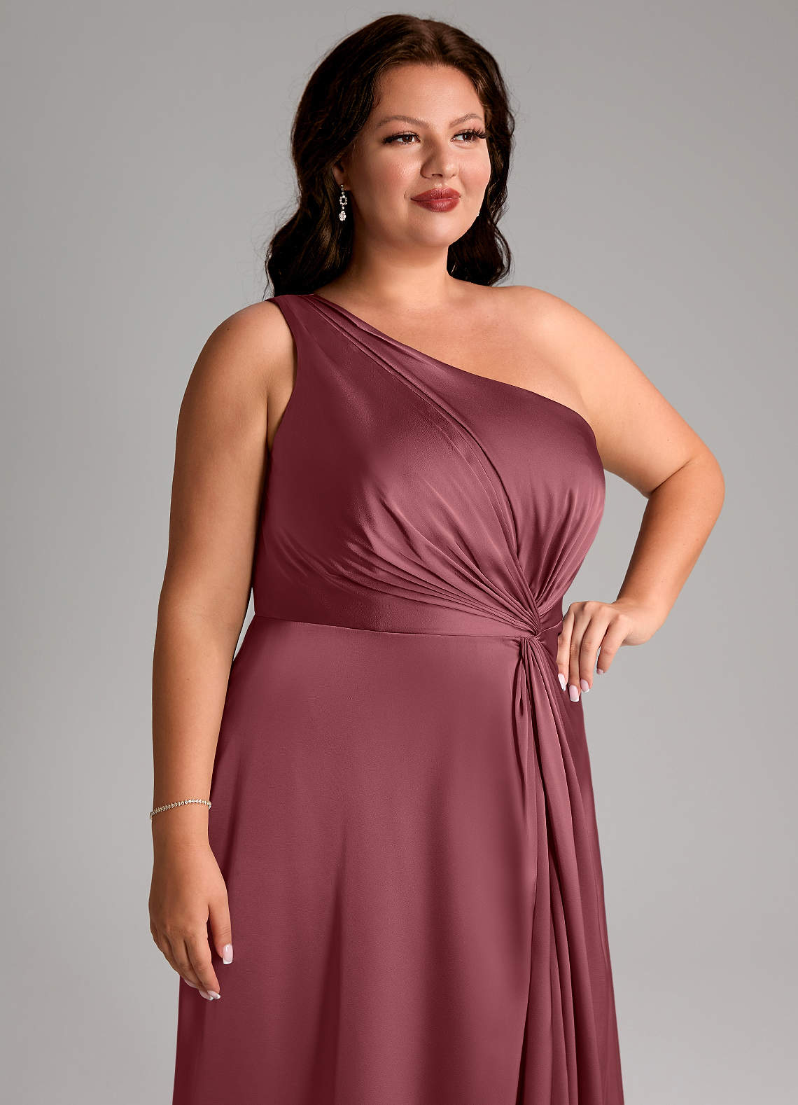 Azazie Brooke Abiti da Damigella Abito A-Line in Raso Elasticizzato Monospalla Rosa Del Deserto image13