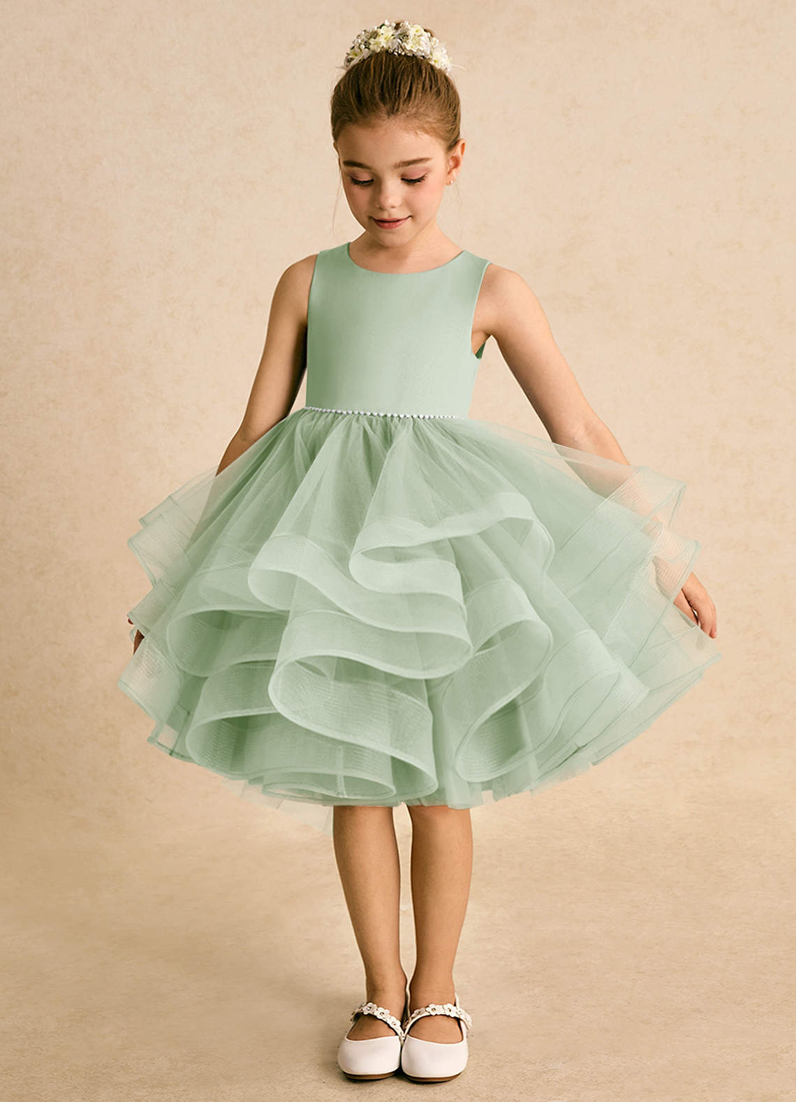 Azazie Tinie Flower Girl Dresses Dusty Sage Ball-Gown Bow Tulle Dress image4