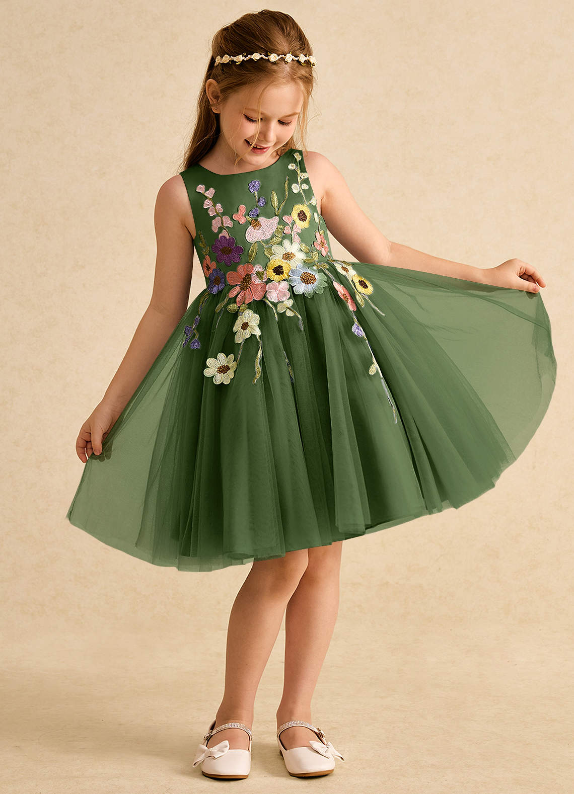 Azazie Prima Flower Girl Dresses Olive A-Line Bow Tulle Dress image2