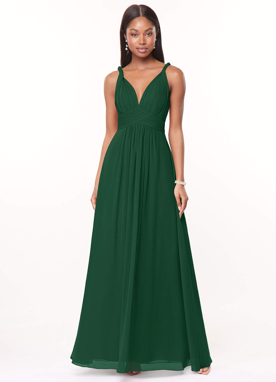 Azazie Maren Robes de demoiselle d'honneur Robe Trapèze en Mousseline de soie Plissée Vert Foncé image1