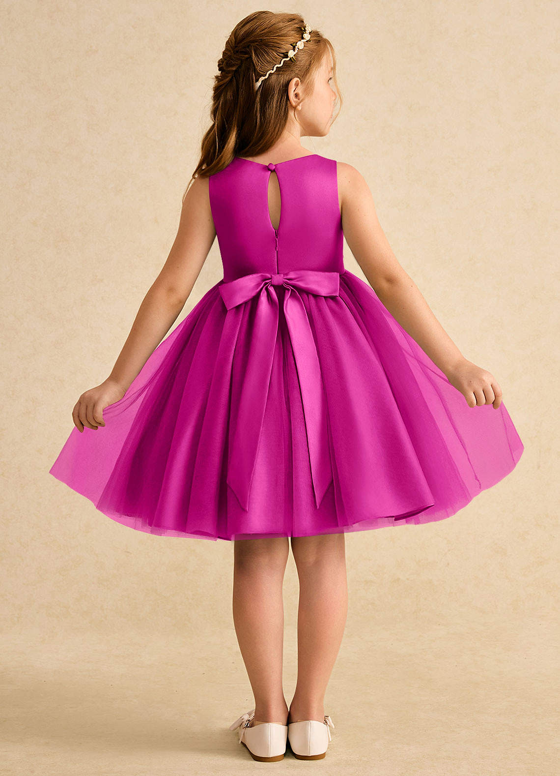 Azazie Prima Blumenmädchenkleider A-Linie Schleifen Tüll Kleid Fuchsia image1