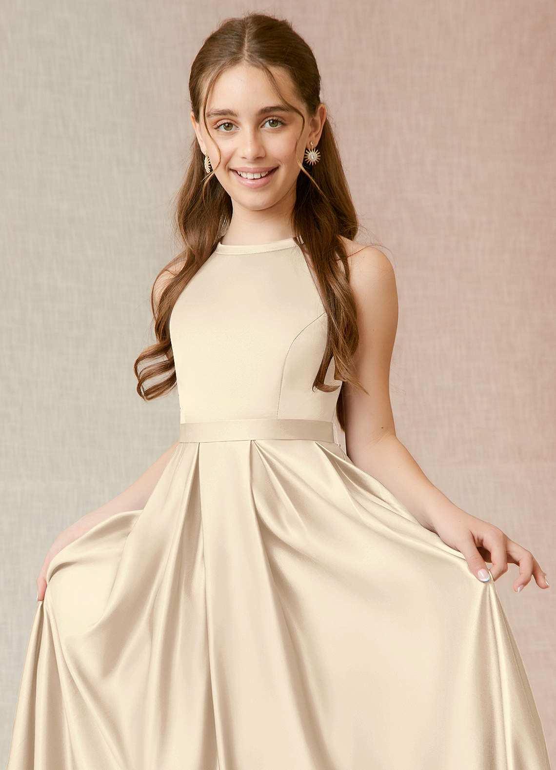Azazie Arianthe Junior Champagne A-Line with Pockets Matte Satin Dress image4