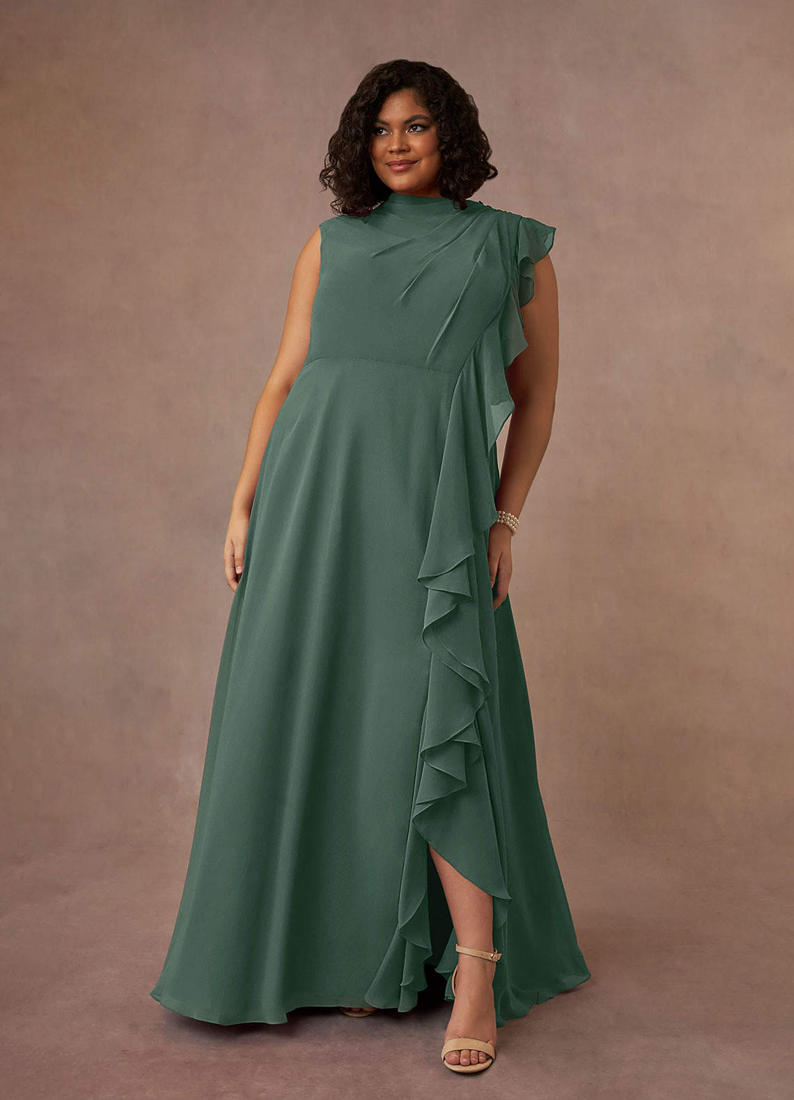 Azazie Narine Mother of the Bride Dresses Sea Moss A-Line High Neckline Pleated Chiffon Dress image1