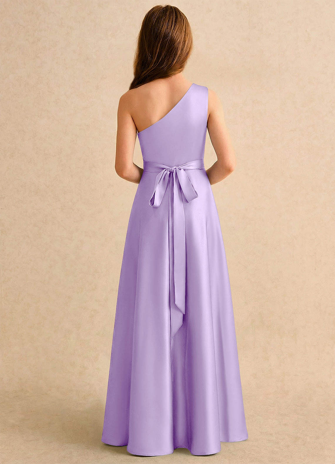 Azazie Puddles Girls Formal Robe Demoiselle D'honneur Fillette Robe Trapèze en Satin extensible Une épaule Lilas image1