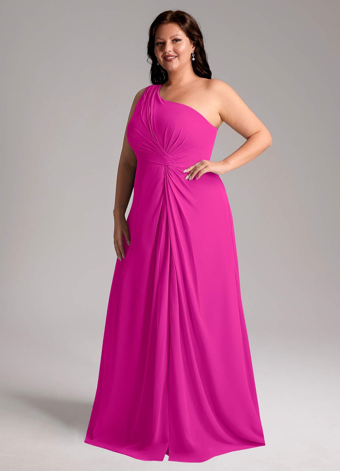 Azazie Brooke Vestidos de damas de honor Vestido de Fucsia de Gasa de Corte en A con Hombro unilateral image11