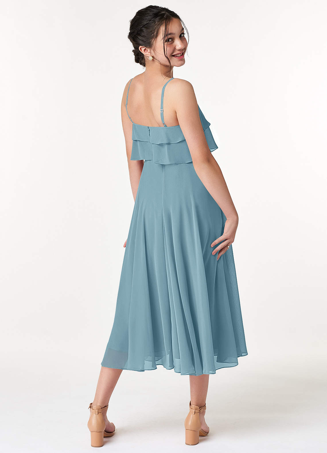 Azazie Ensley Junior Abito A-Line in Chiffon Plissettato Blu Lunatico image5