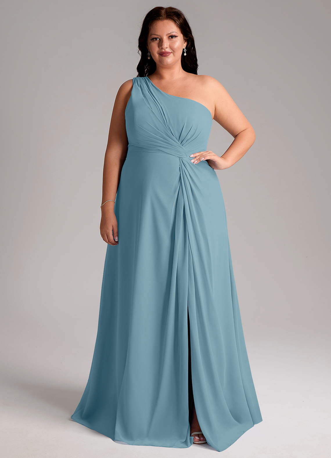 Azazie Brooke Bridesmaid Dresses Moody Blue A-Line One Shoulder Chiffon Dress image1