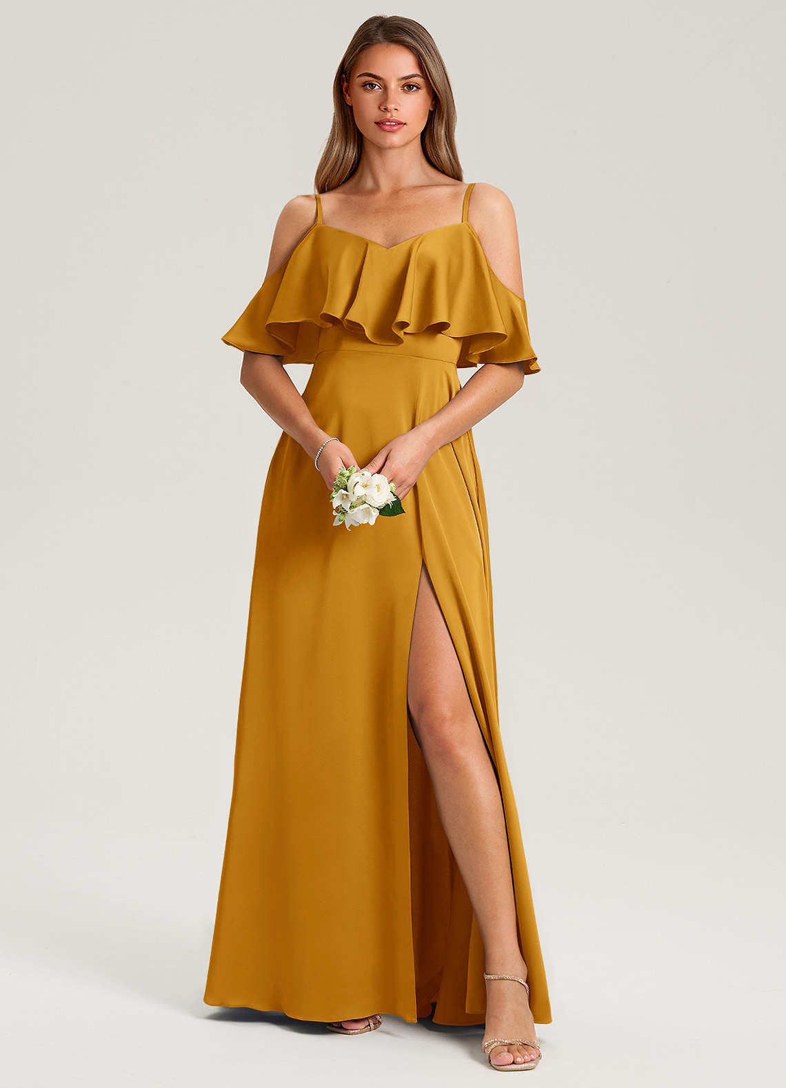 Azazie Jean Jurken voor bruidsmeisjes Jurk van Stretch Satijn met A-Lijn Off the Shoulder Boterbabbelaar image1