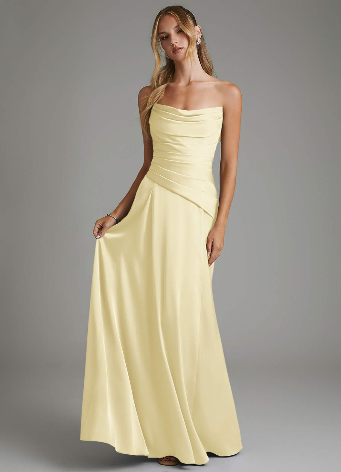 Azazie Gabriela Bridesmaid Dresses Lemon Sorbet A-Line Corset Stretch Satin Dress image6