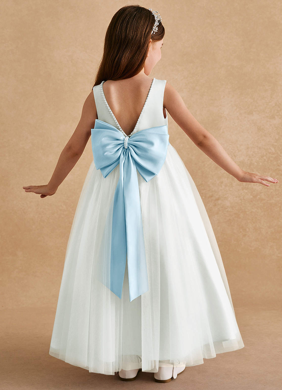 Azazie Cookie Flower Girl Dresses Ivory Sky Blue A-Line Bow Tulle Dress image1