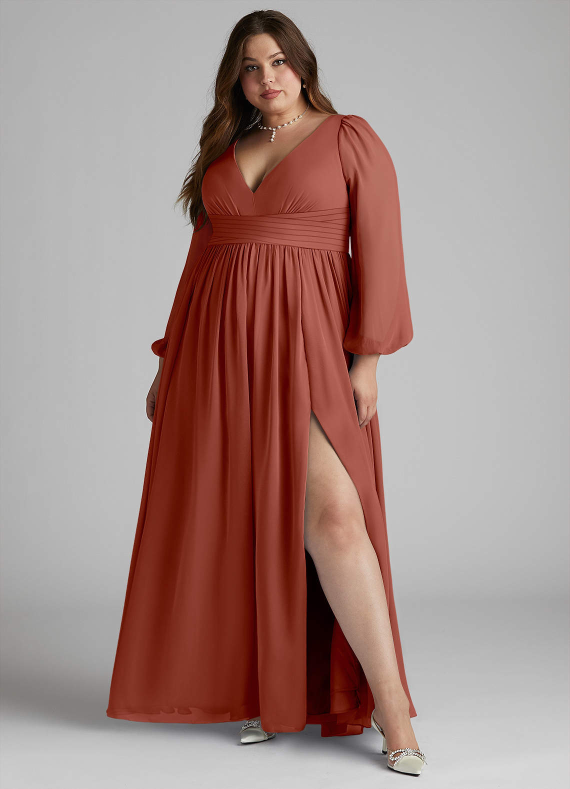 Azazie Norah Bridesmaid Dresses Auburn A-Line V-Neck Long Sleeve Chiffon Dress image5