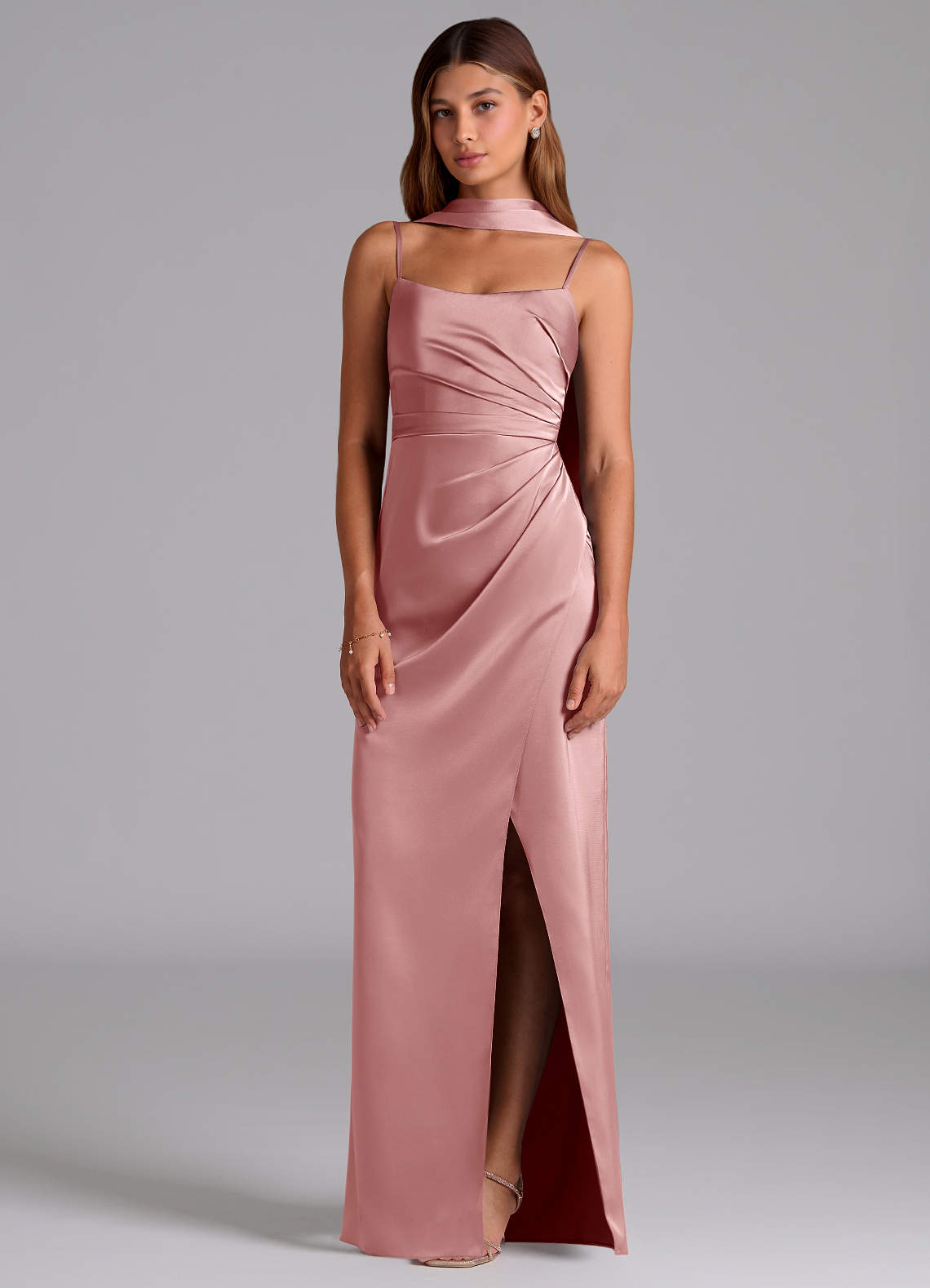 Azazie Calandra Brudtärnklänningar Klä av A-Linje i Stretch Satin Plisserad Dammig Ros image2