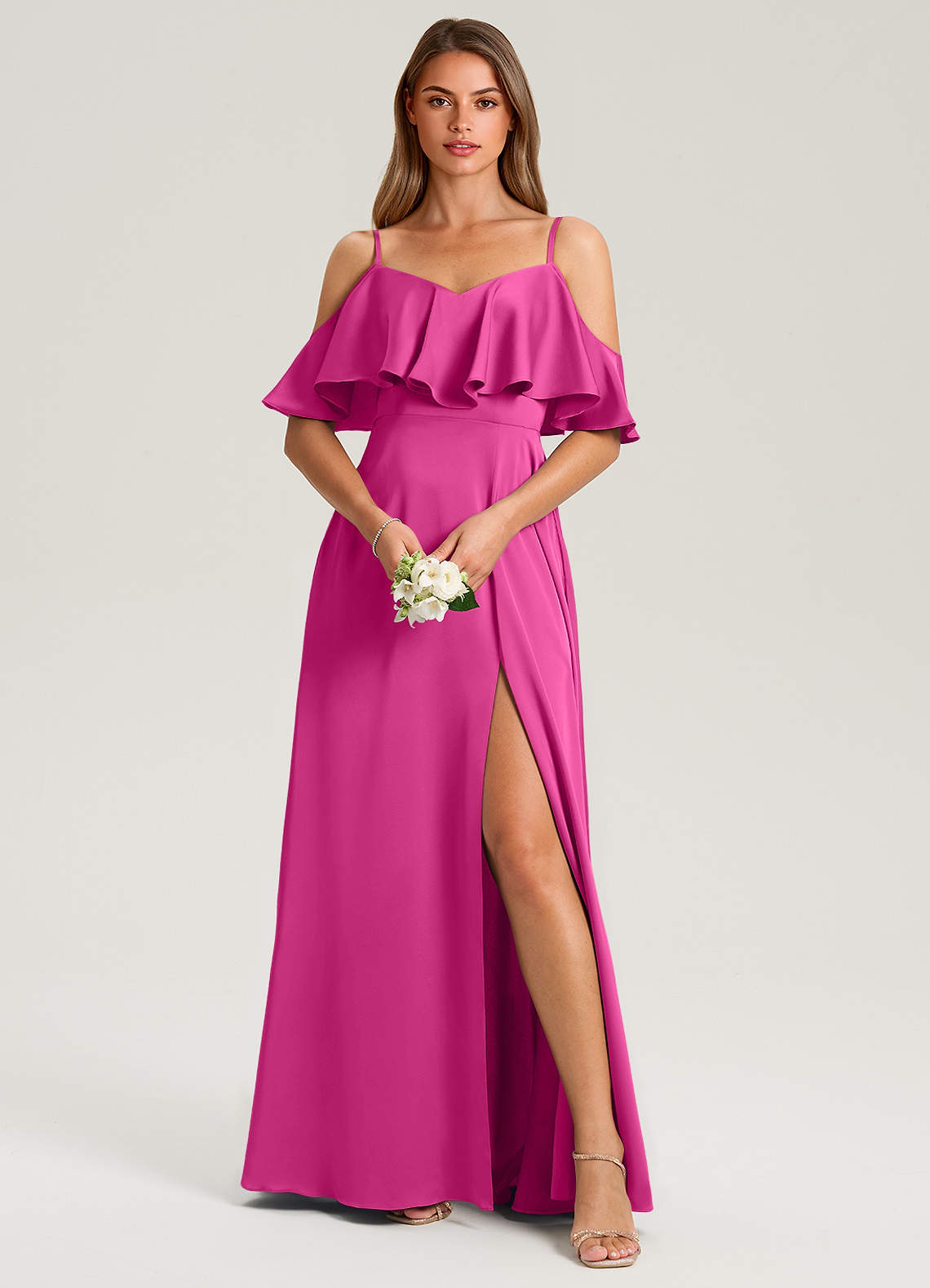 gold strapless bridesmaid dress Fuchsia Satin Prom Dresses With Slit Mermaid V-Neck Evening Dress 2185 –  vigocouture main image 1