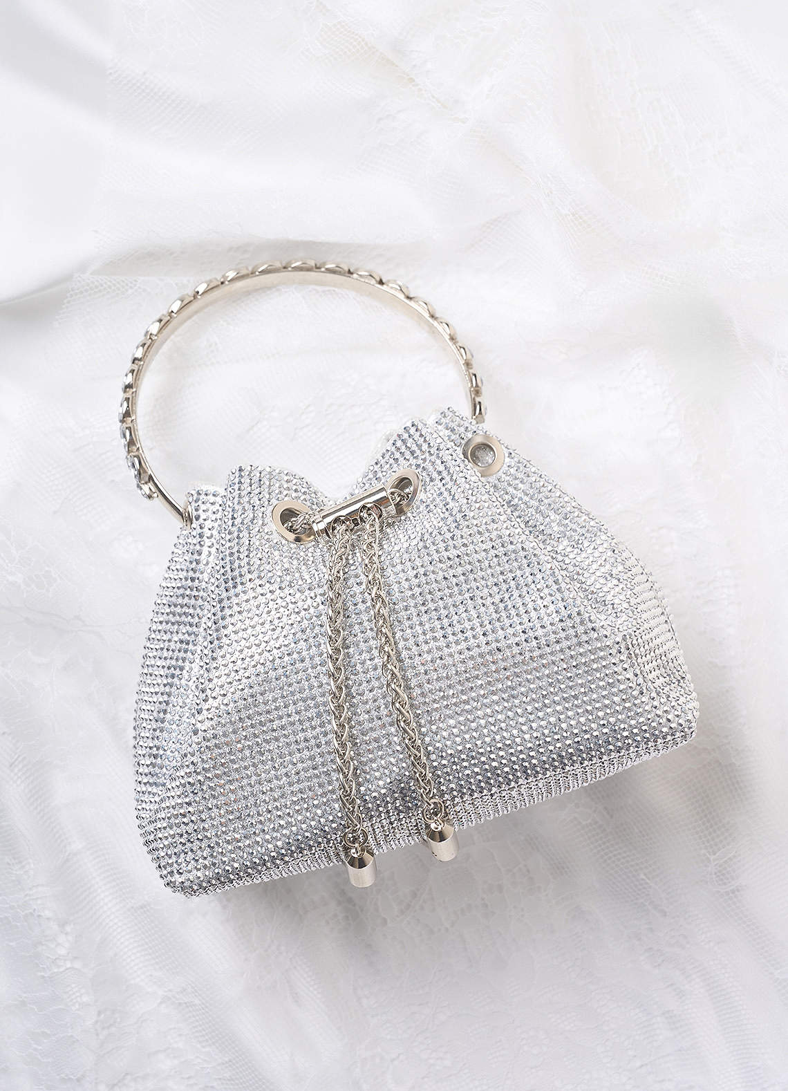 front Rhinestone Embellished Handle Bucket Bag