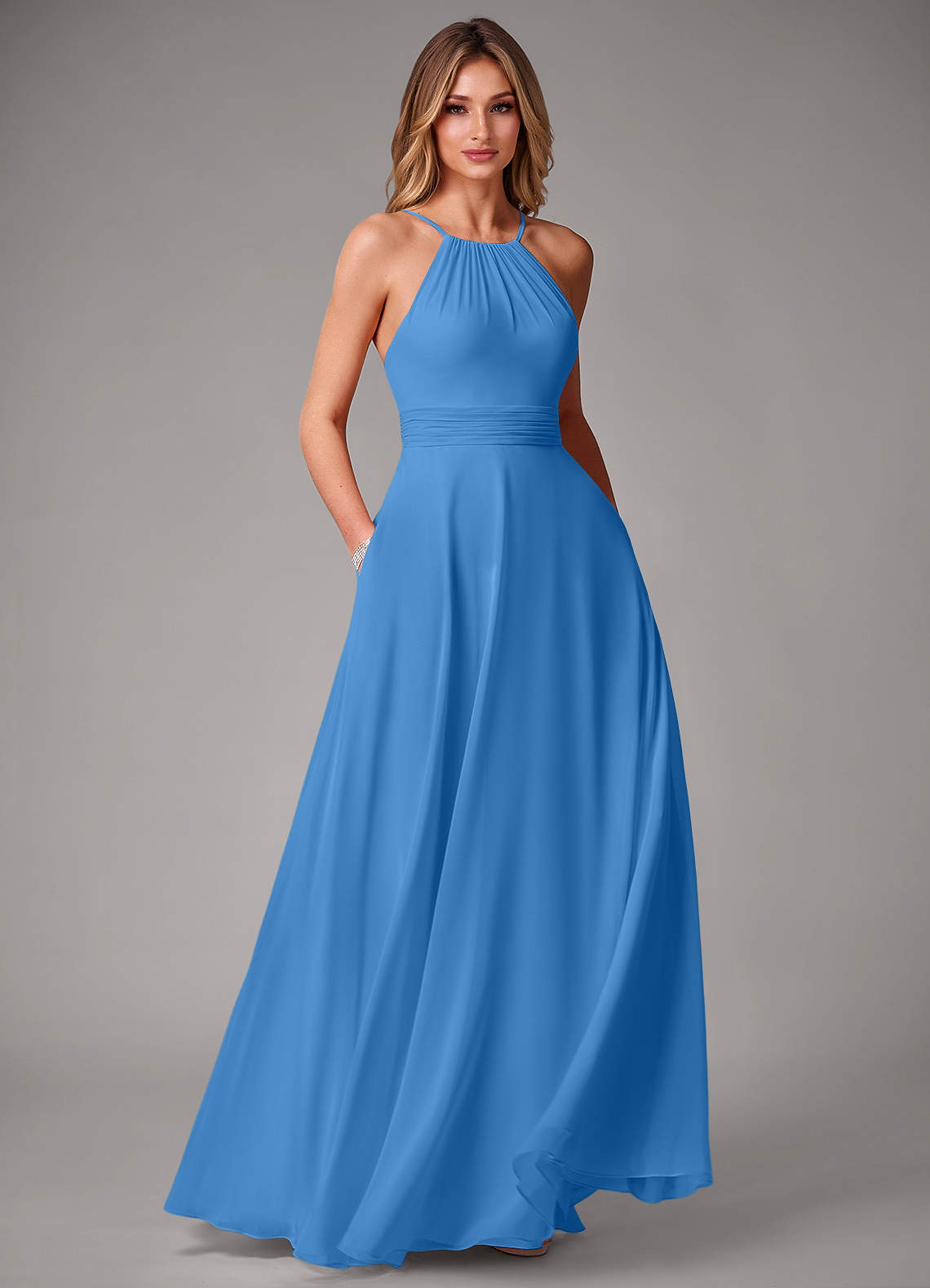 Azazie Amalia Bridesmaid Dresses Blue Jay A-Line Pleated Chiffon Dress image1
