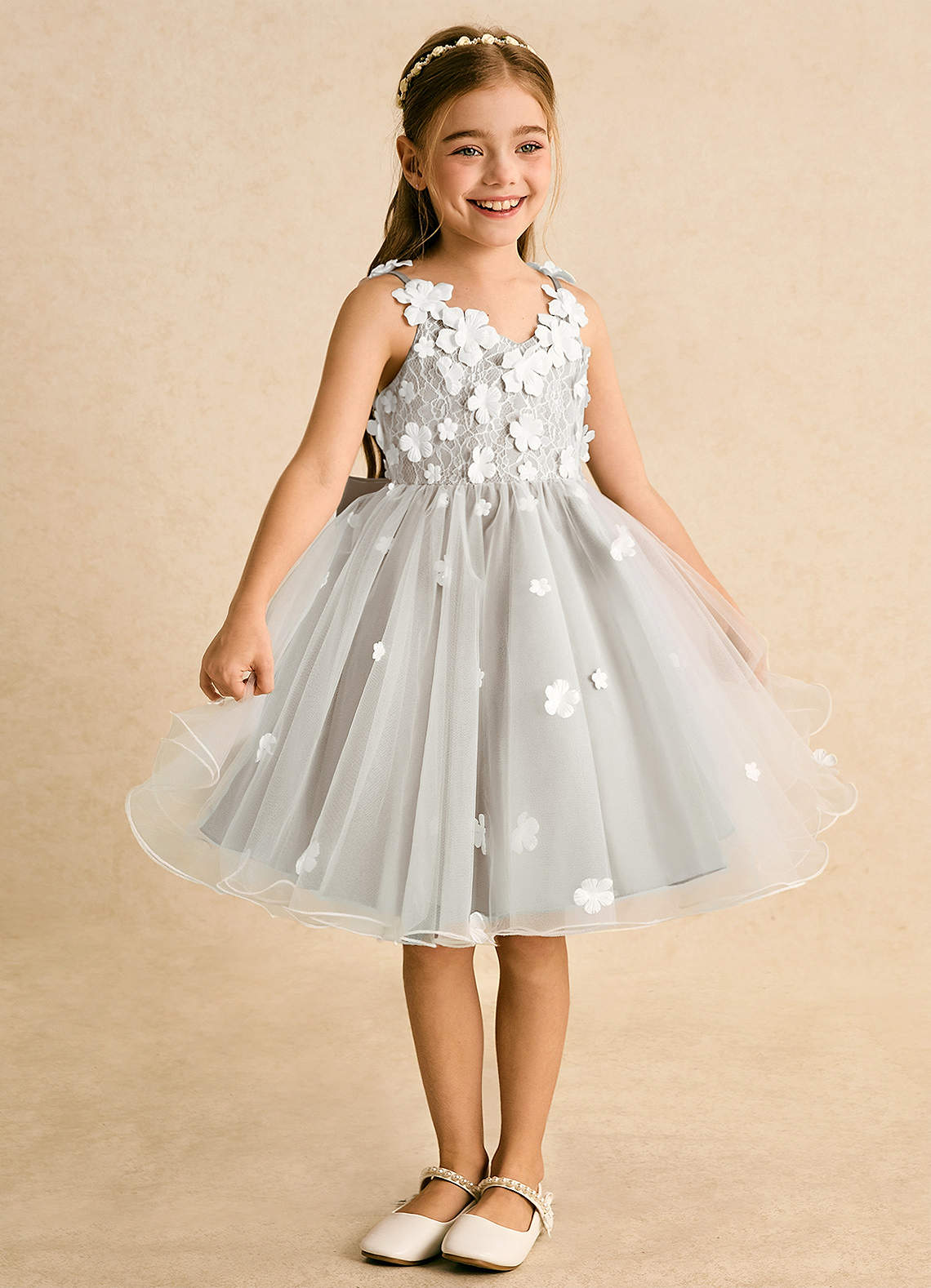 Azazie Junebug Robe Demoiselle D'honneur Fillette Robe Princesse en Tulle Dentelle Ivoire Givre image4
