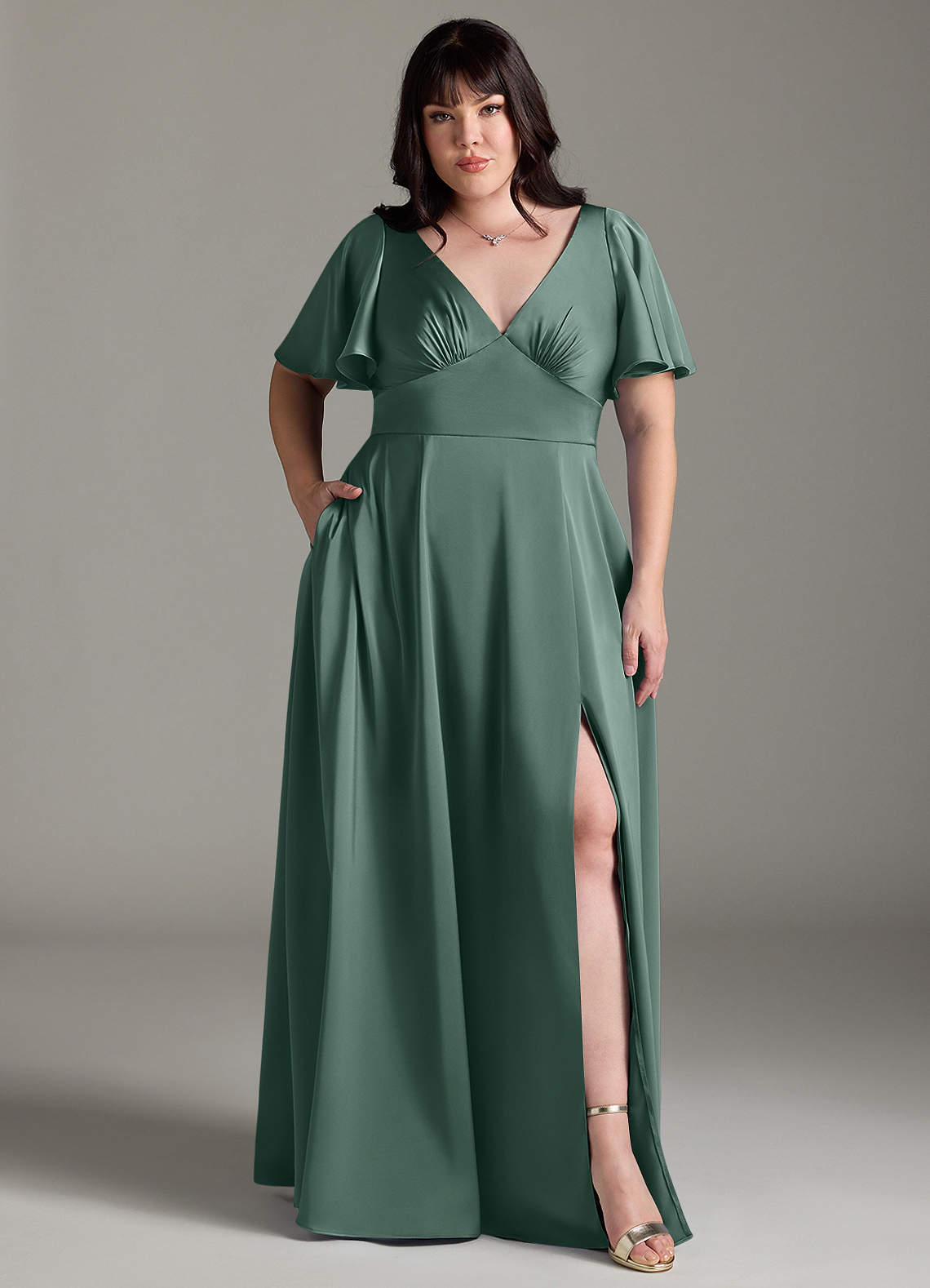 Azazie Kimber Bridesmaid Dresses Eucalyptus A-Line Ruched Stretch Satin Dress image6
