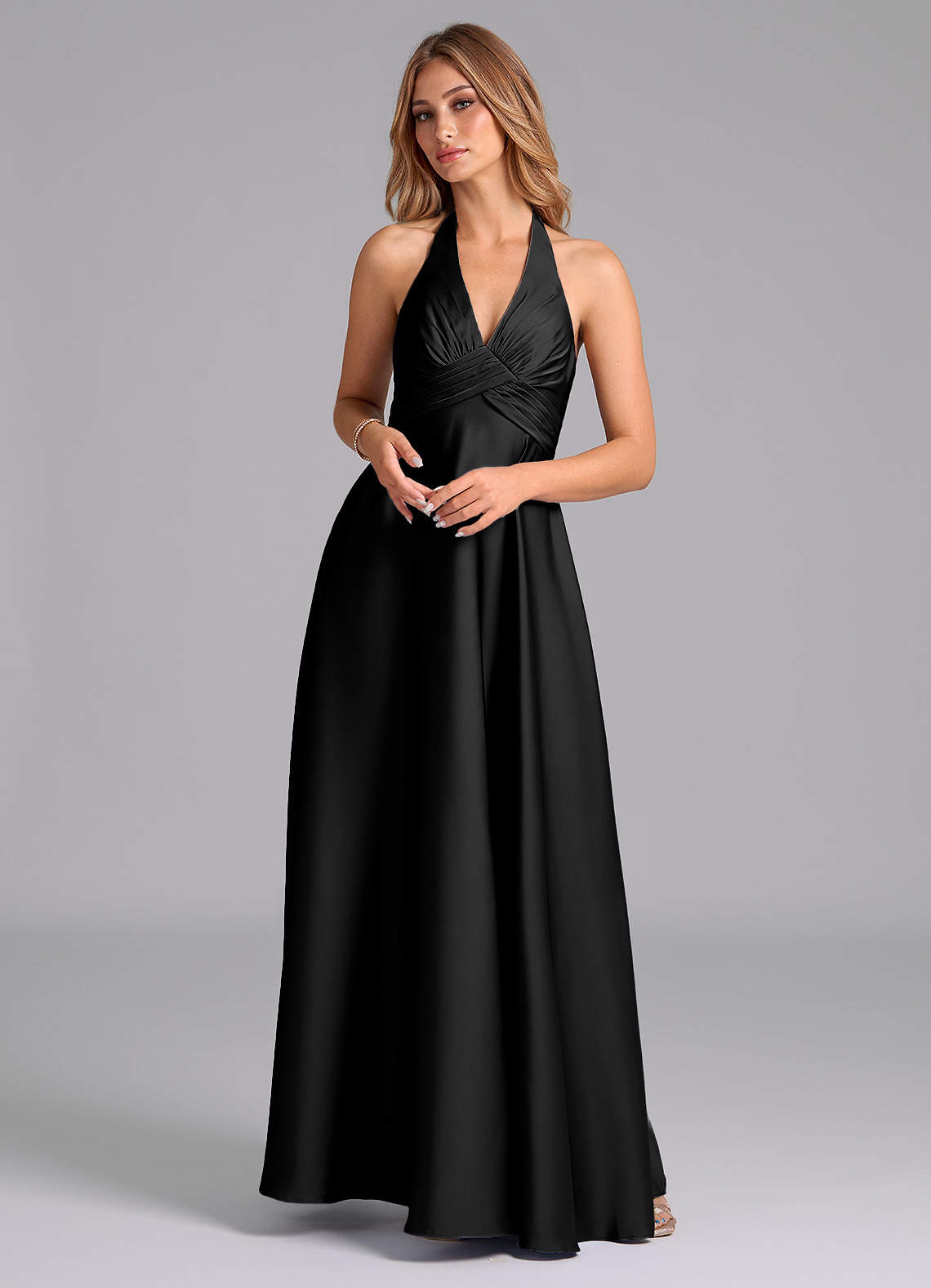 Azazie Tessie Bridesmaid Dresses Black A-Line Pleated Stretch Satin Dress image1
