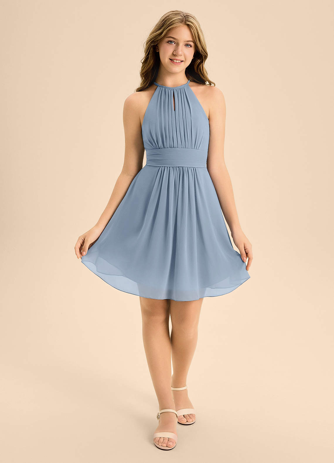 Azazie Bonnie Junior Dusty Blue A-Line Pleated Chiffon Dress image1
