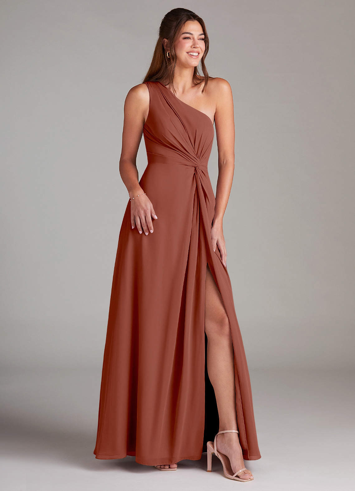 Azazie Brooke Bridesmaid Dresses Auburn A-Line One Shoulder Chiffon Dress image3