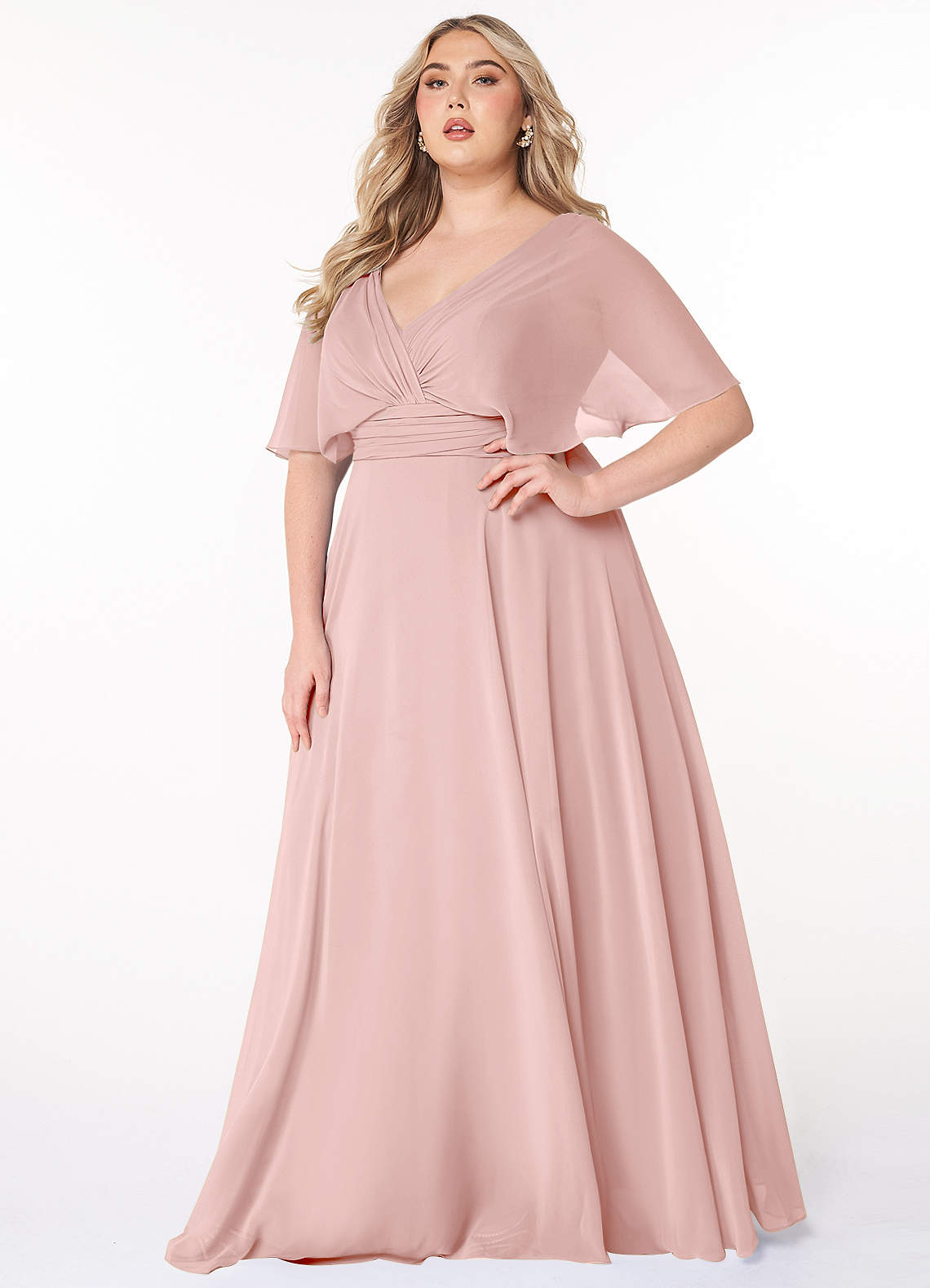Azazie Pamela Robes de demoiselle d'honneur Robe Trapèze en Mousseline de soie Col V plissé Rose Poudré image1