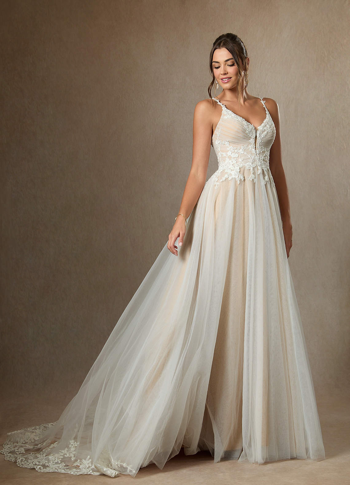 Azazie Devi Wedding Dresses Diamond White Champagne A-Line V-Neck Lace Tulle Dress image5