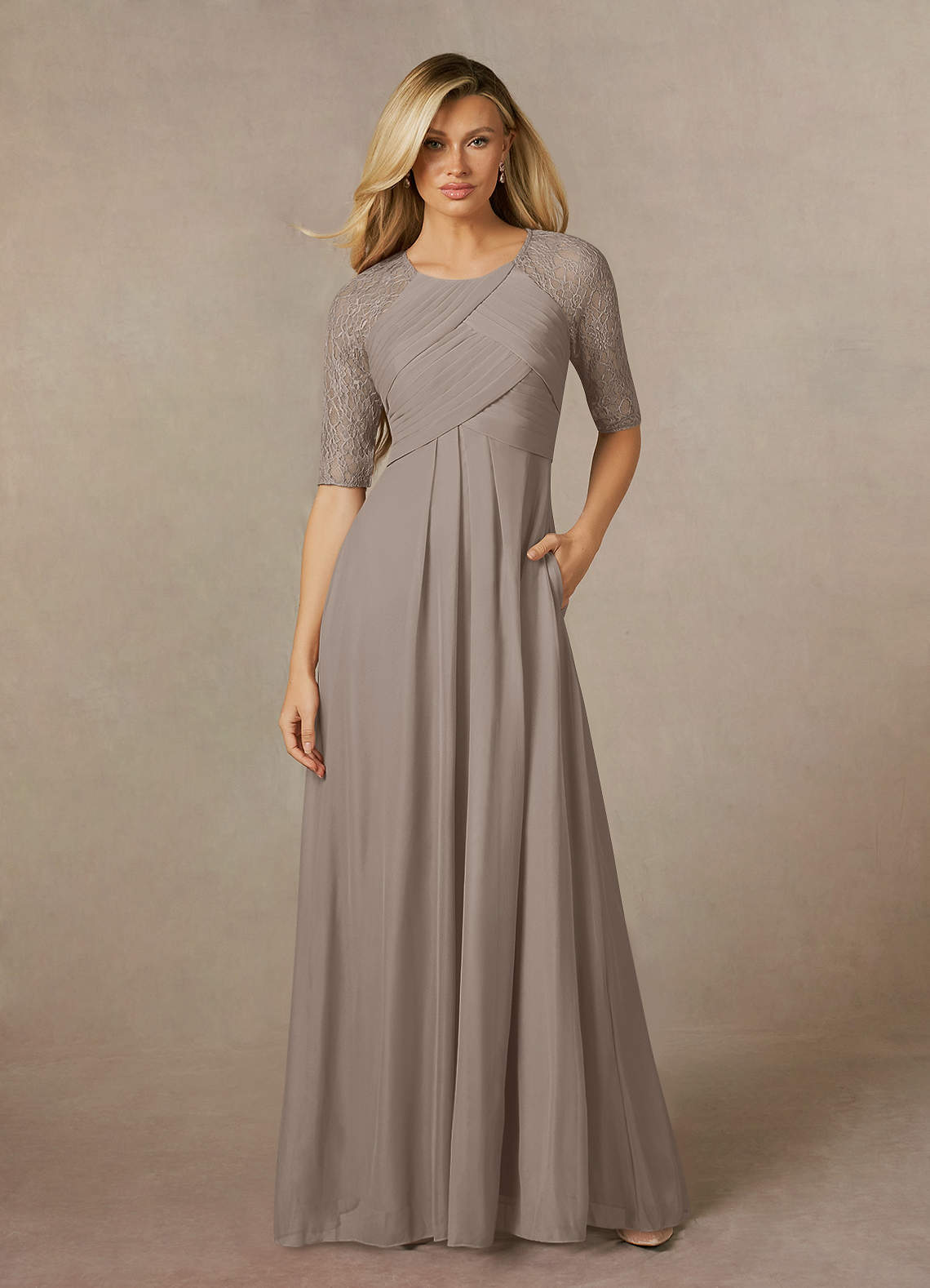 Azazie Raelyn Mother of the Bride Dresses Taupe A-Line Lace Mesh Dress image1