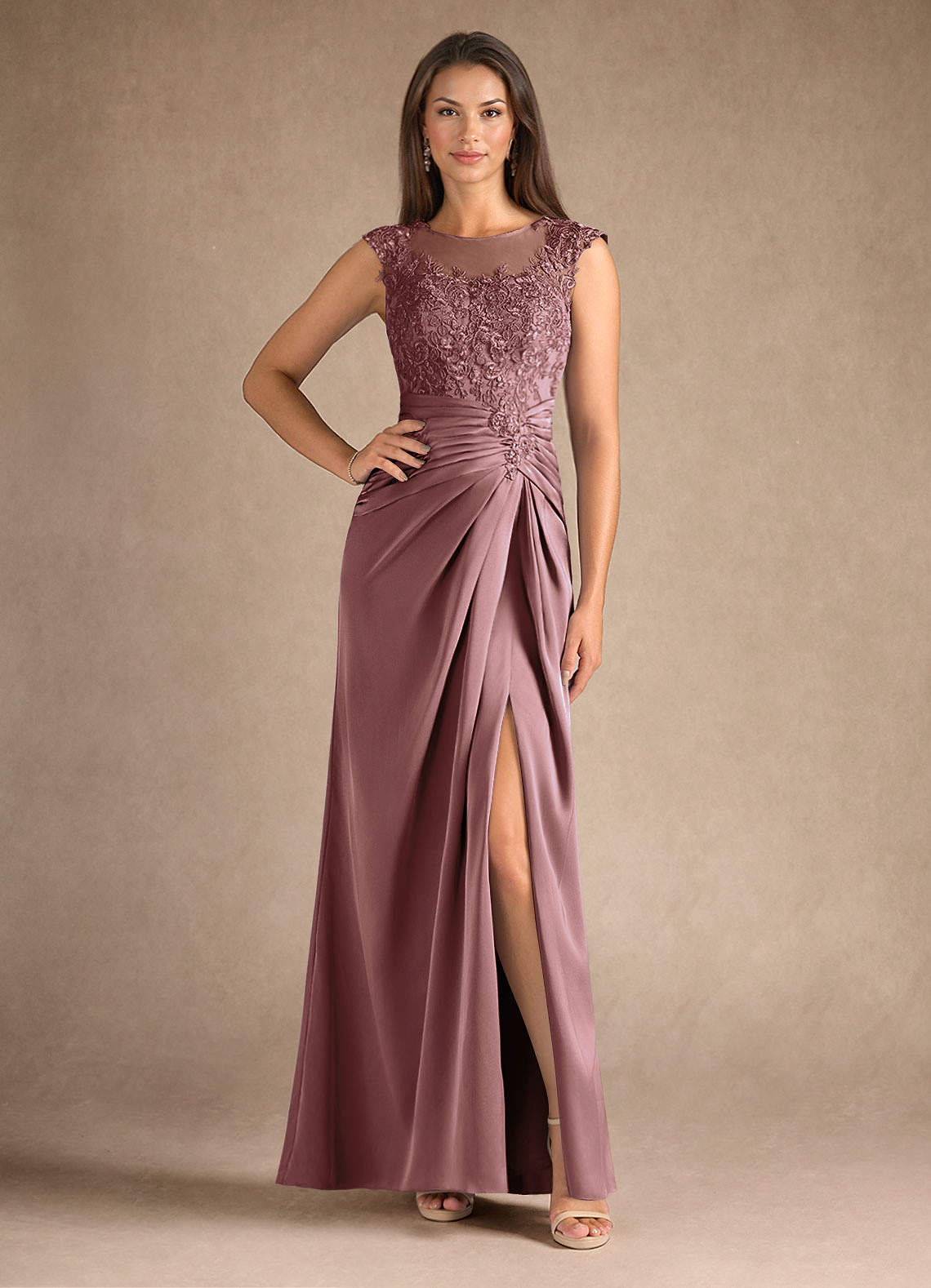 Azazie Santa Barbara Mother of the Bride Dresses Vintage Mauve Sheath Pleated Stretch Satin Dress image1