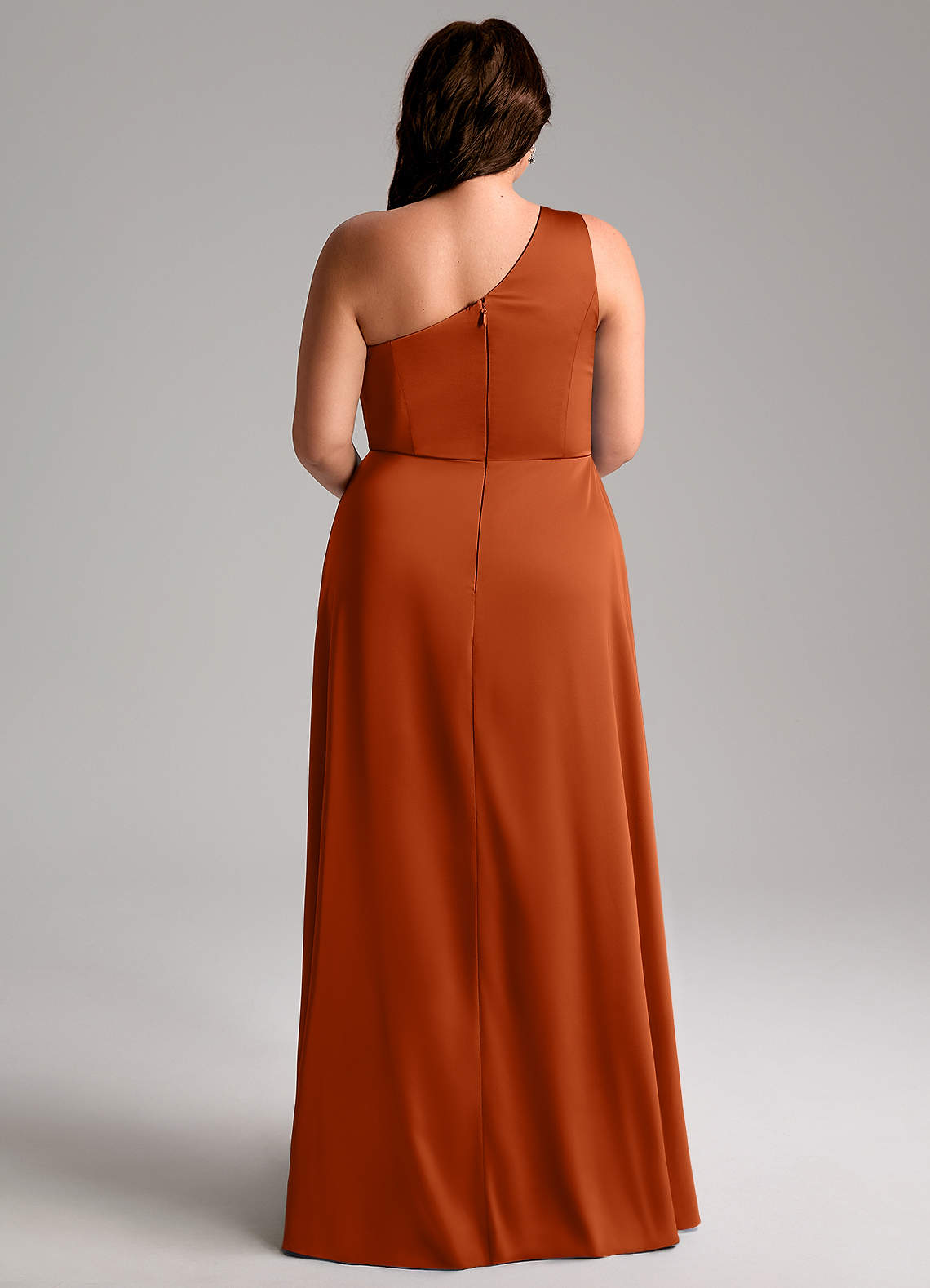 Azazie Brooke Vestidos de damas de honor Vestido de Naranja Quemada de Satén Elástico de Corte en A con Hombro unilateral image8