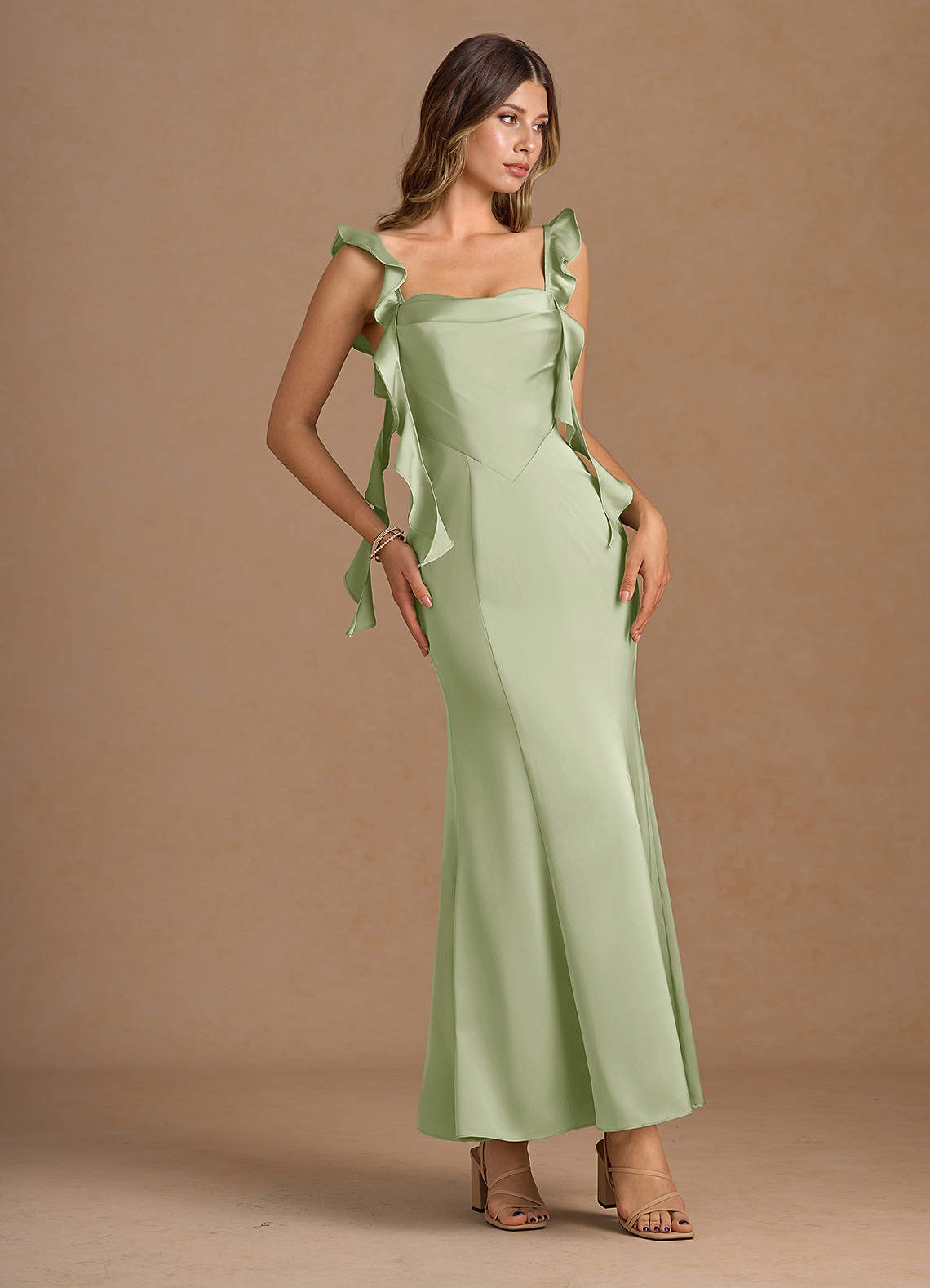 chinese dress ladies Wedtrend Women Dusty Sage Maxi Bridesmaid Dress with Slit A-Line Burnout Velvet Jacquard Cold Shoulder Wedding Guest Dress, Dusty Sage / US26W main image 1