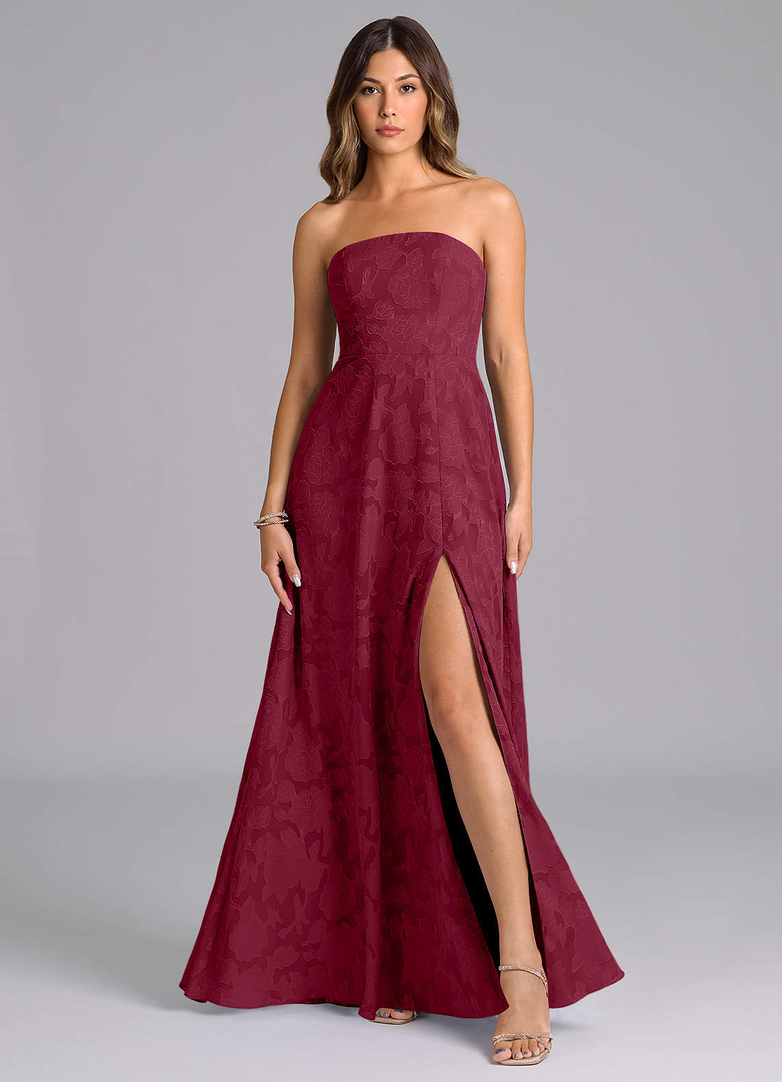 Azazie Wren Bridesmaid Dresses Burgundy A-Line Strapless Floral Burnout Dress image1