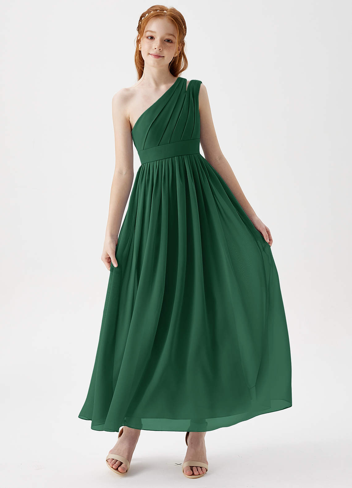 Azazie Anissa Junior Abito A-Line in Chiffon Plissettato Verde Scuro image1