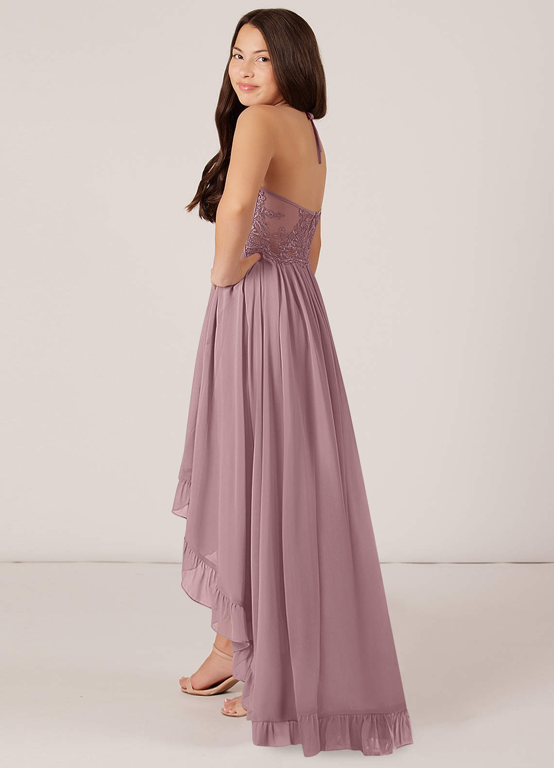 Azazie Sarafina A-Line Lace Chiffon Asymmetrical Junior Bridesmaid Dress image1