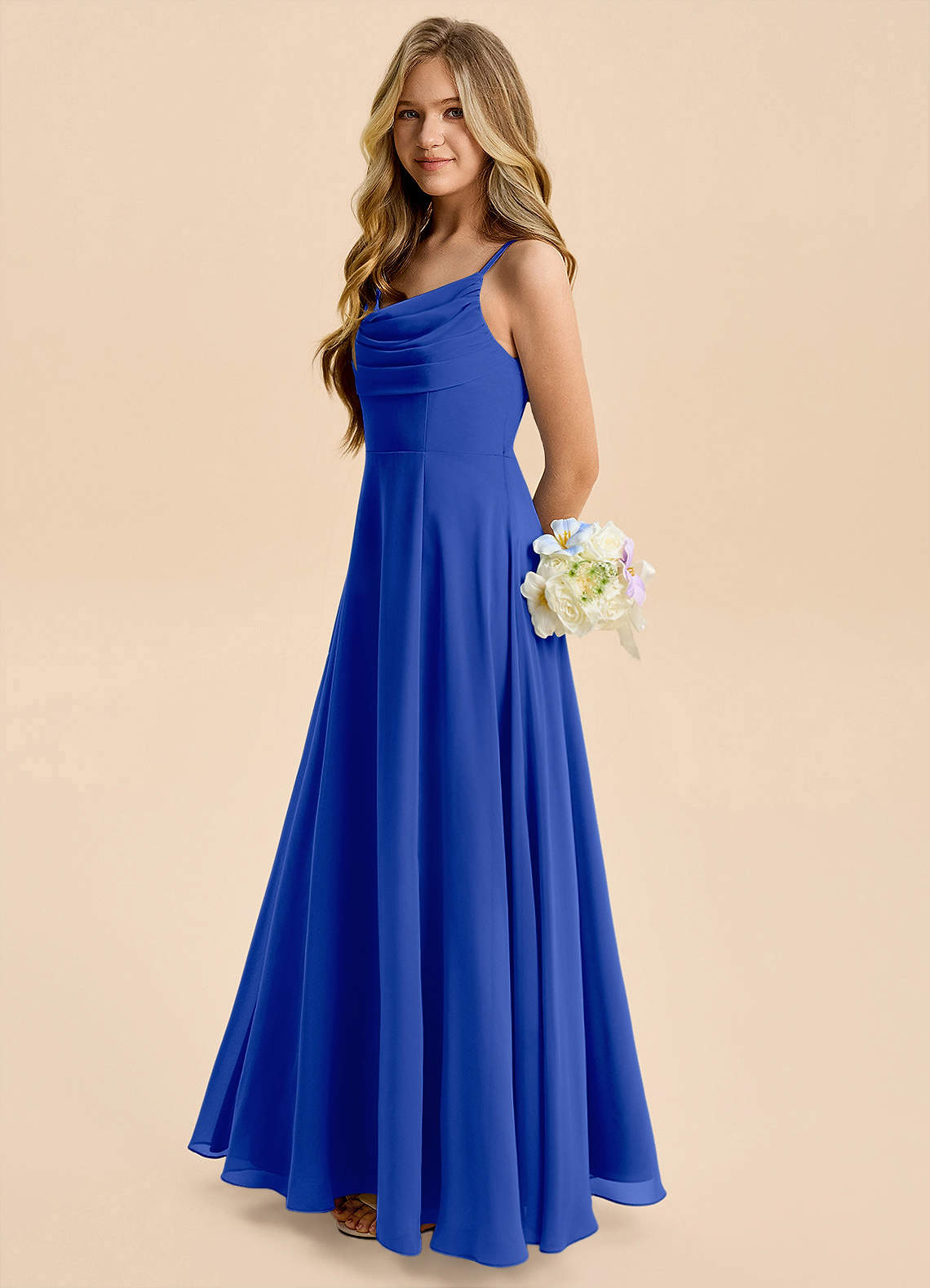 royal blue jr bridesmaid dresses Azazie Gia Junior Square Neck Velvet Mikado infinity Color:MEDIEVAL BLUE spun chiffon