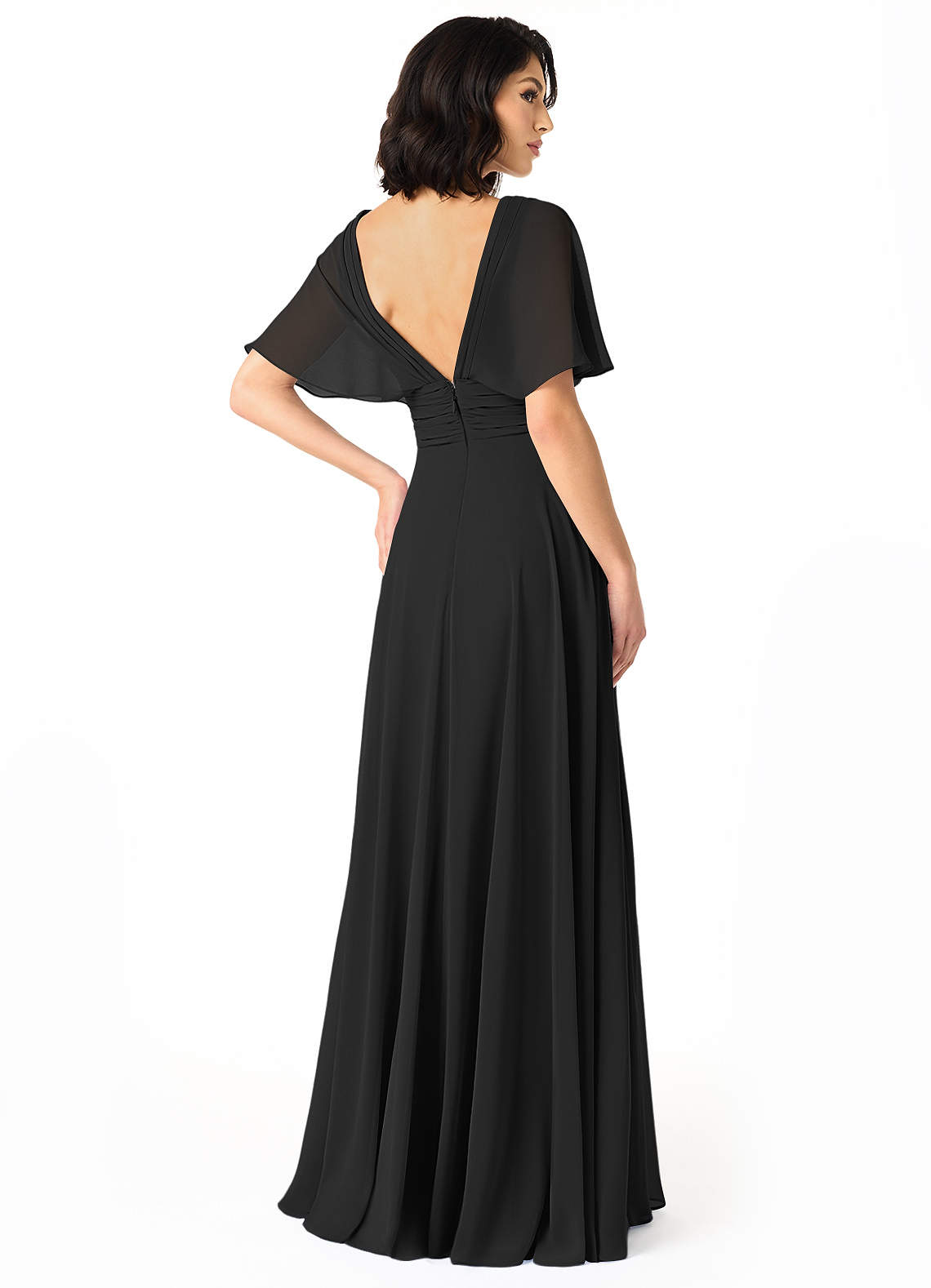 Azazie Pamela Bridesmaid Dresses Black A-Line V-Neck Pleated Chiffon Dress image1