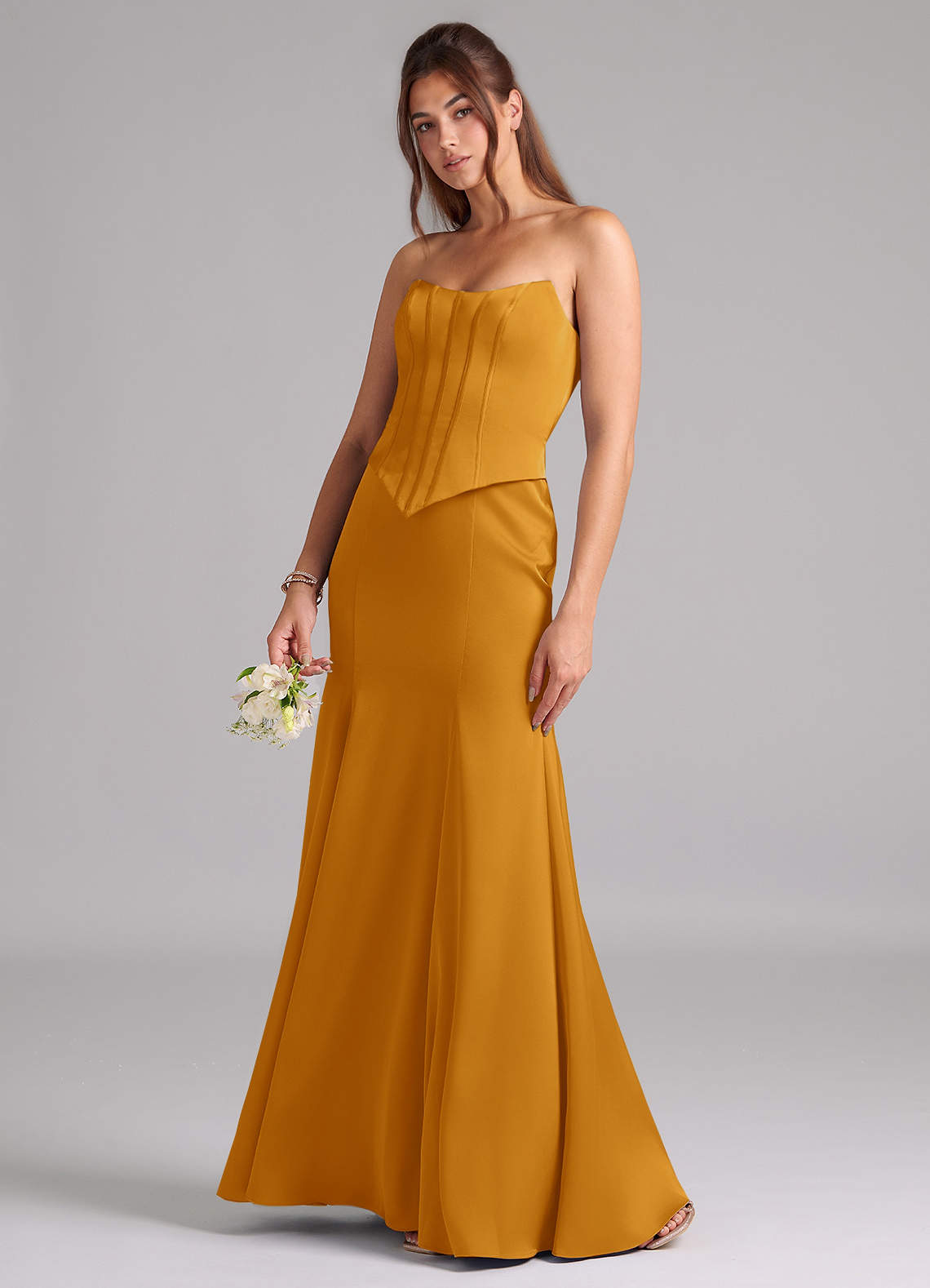 Azazie Ximena Bridesmaid Dresses Butterscotch Mermaid Corset Stretch Satin Convertible Dress image1