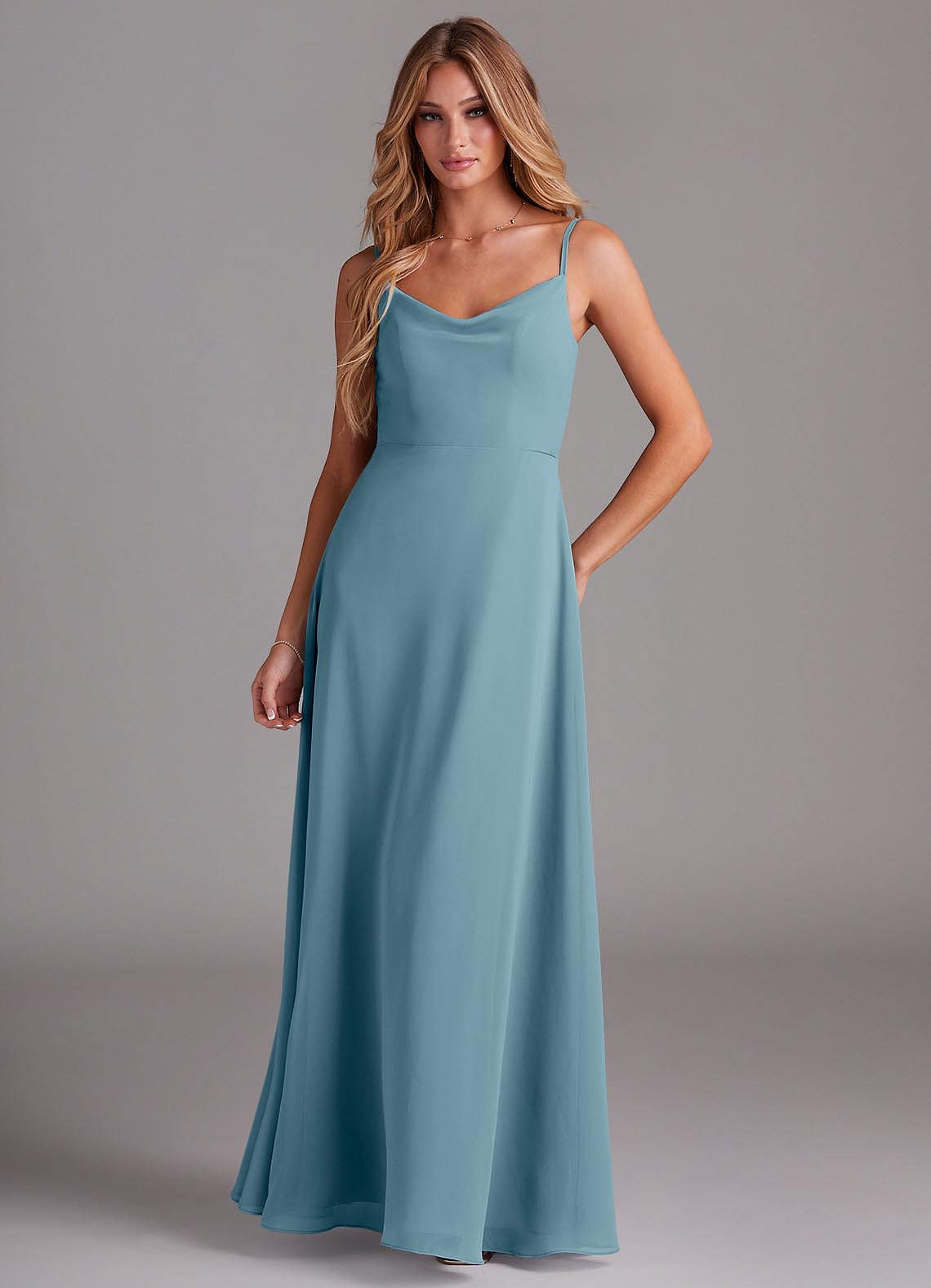 Azazie Daenerys Bridesmaid Dresses Moody Blue A-Line Cowl Chiffon Dress image1