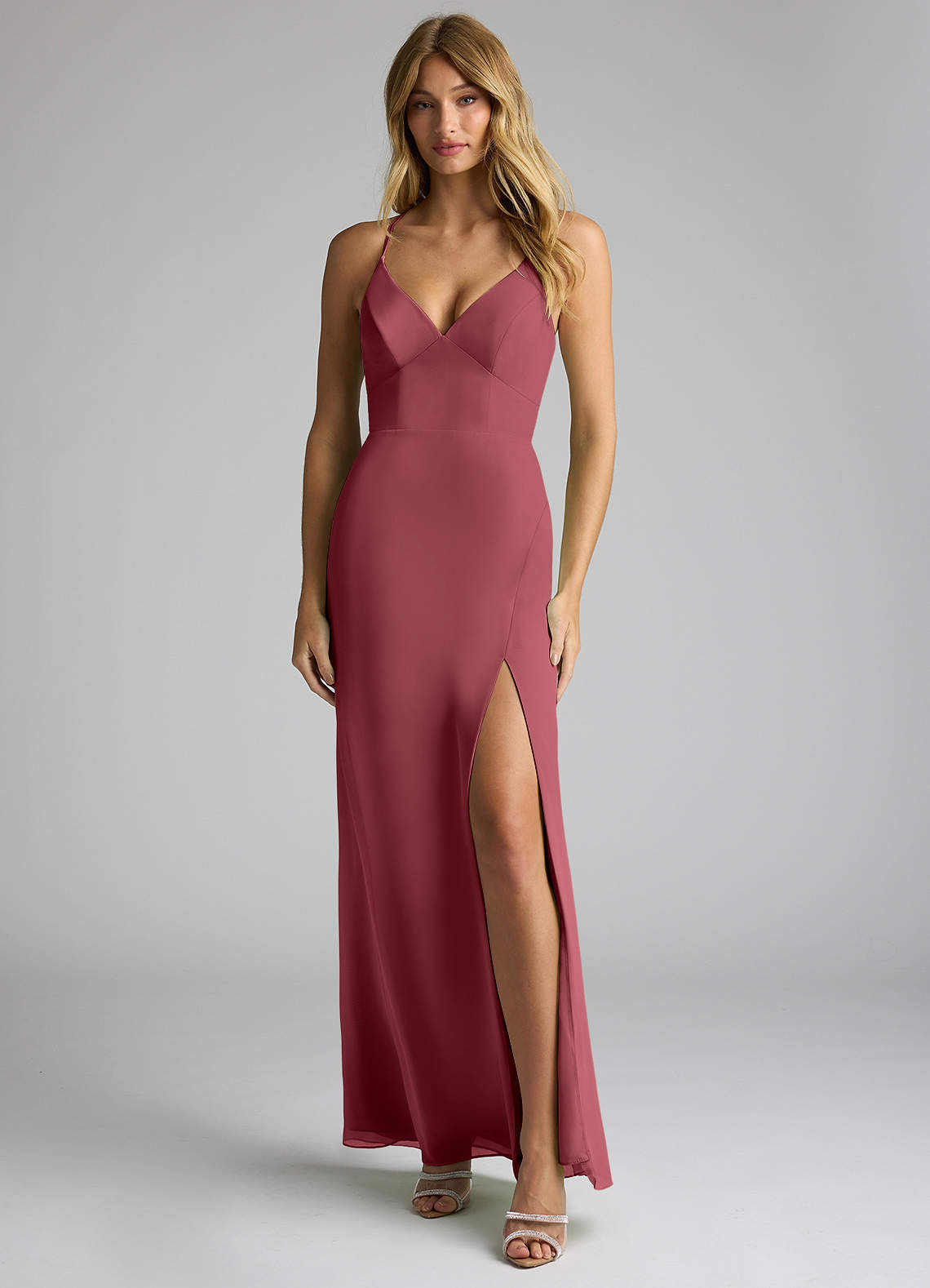 Azazie Becca Bridesmaid Dresses Merlot Sheath V-Neck Chiffon Dress image1