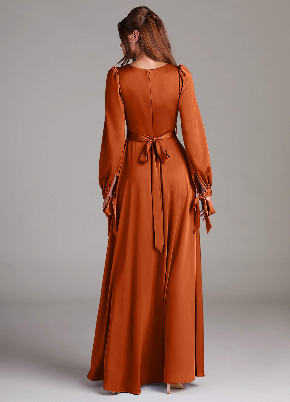 Azazie Leonia Bridesmaid Dresses Burnt Orange A-Line Long Sleeve Stretch Satin Dress image1