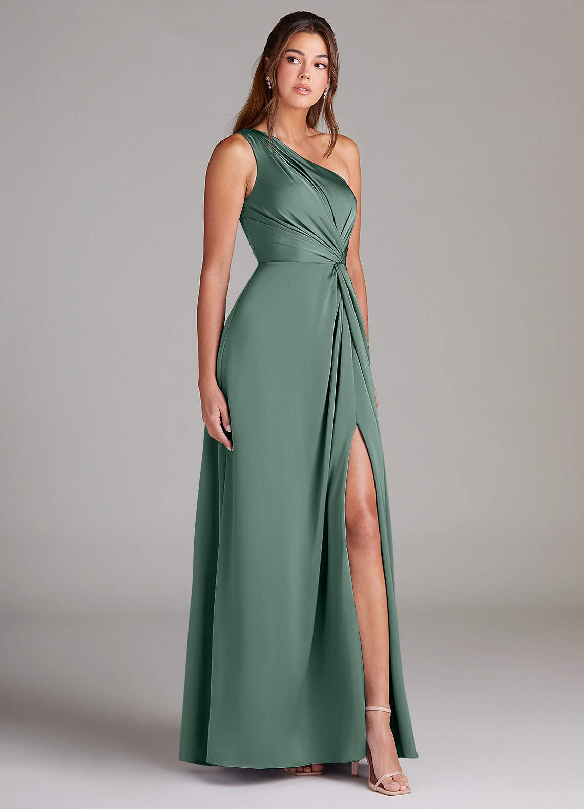 Azazie Brooke Bridesmaid Dresses Eucalyptus A-Line One Shoulder Stretch Satin Dress image3