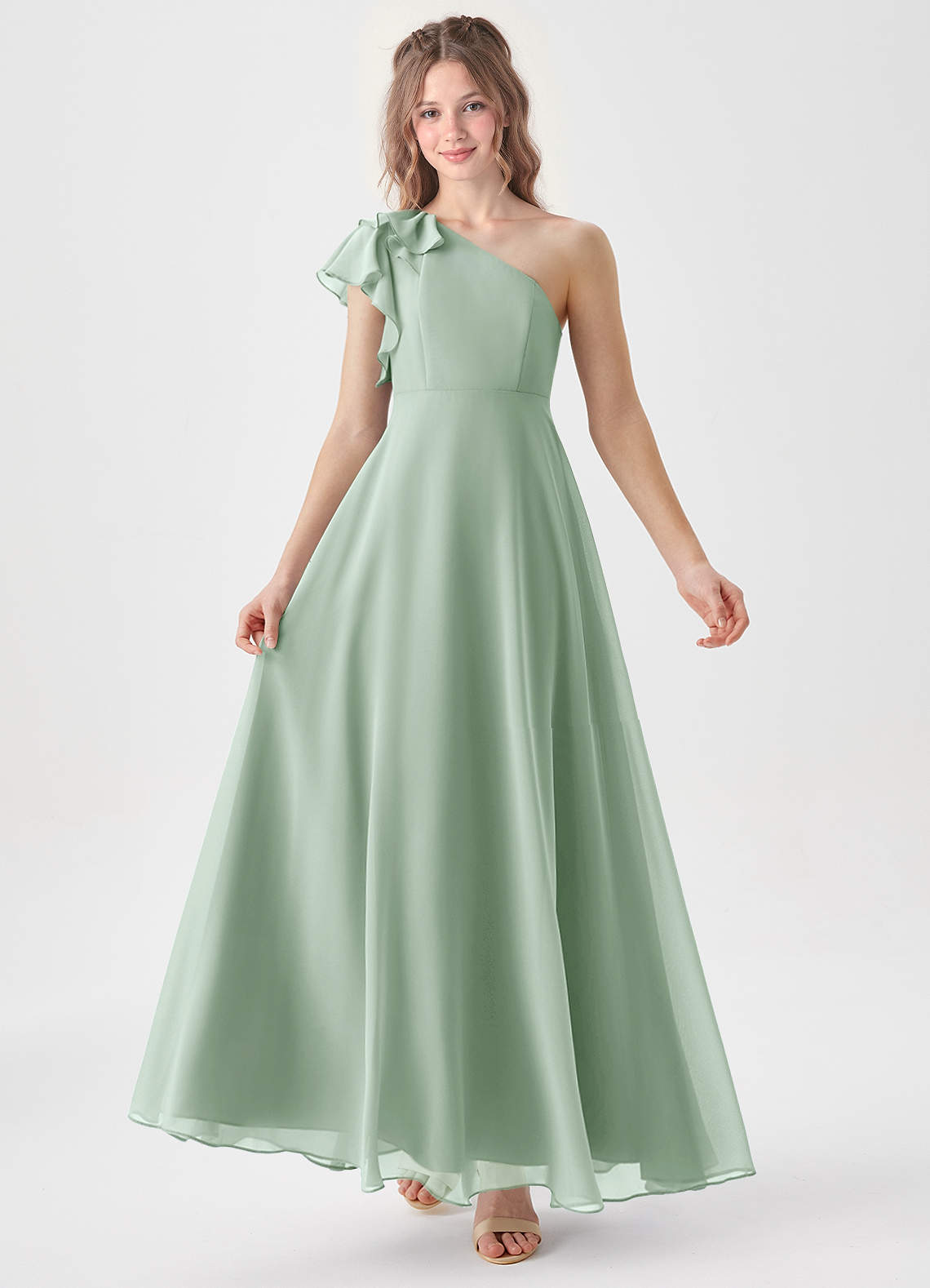 Azazie Arabella Junior Agave A-Line Ruched Chiffon Dress image1