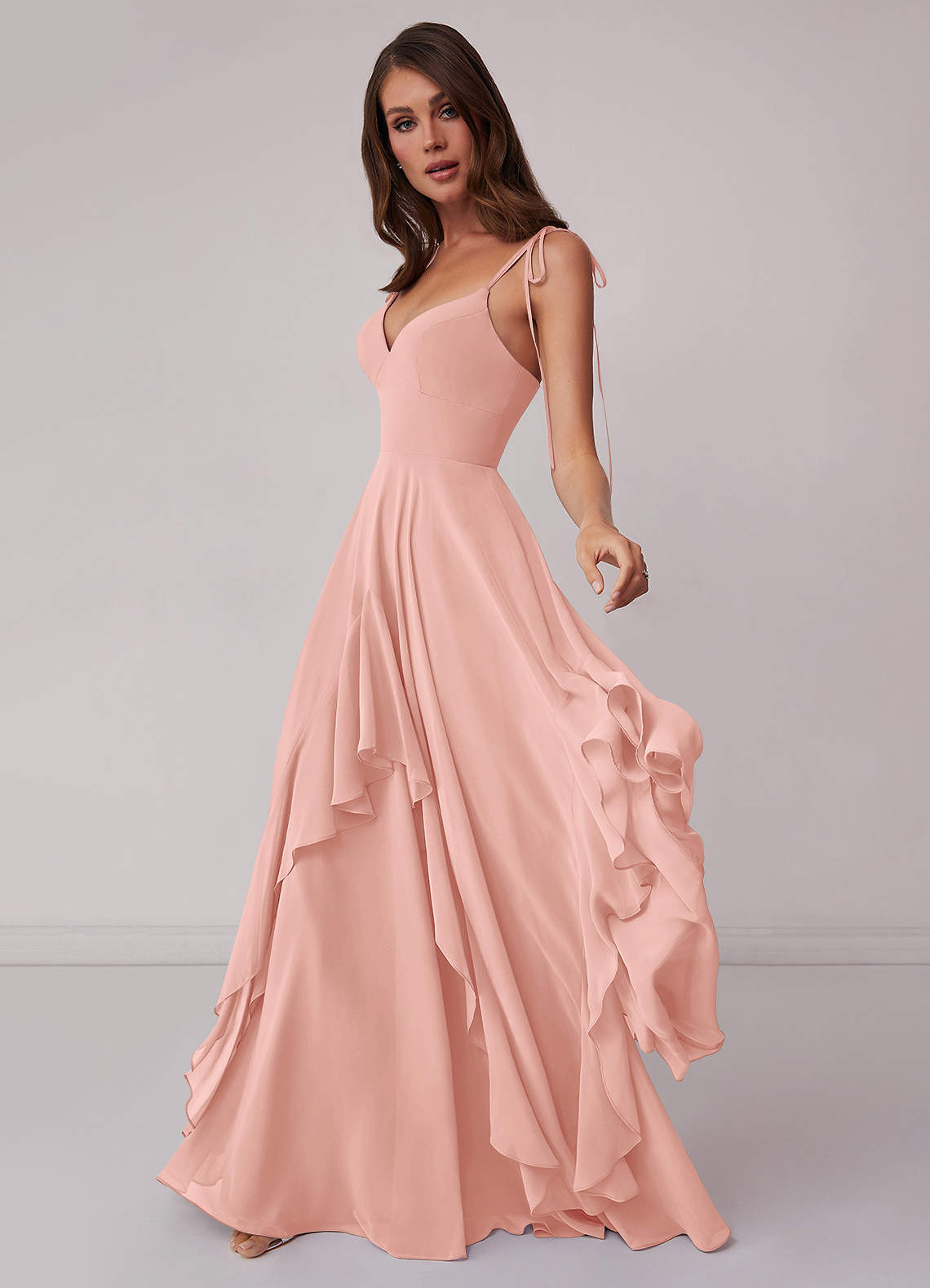 A-line V-neck Chiffon Tiered Skirt Dresses Dusty Rose