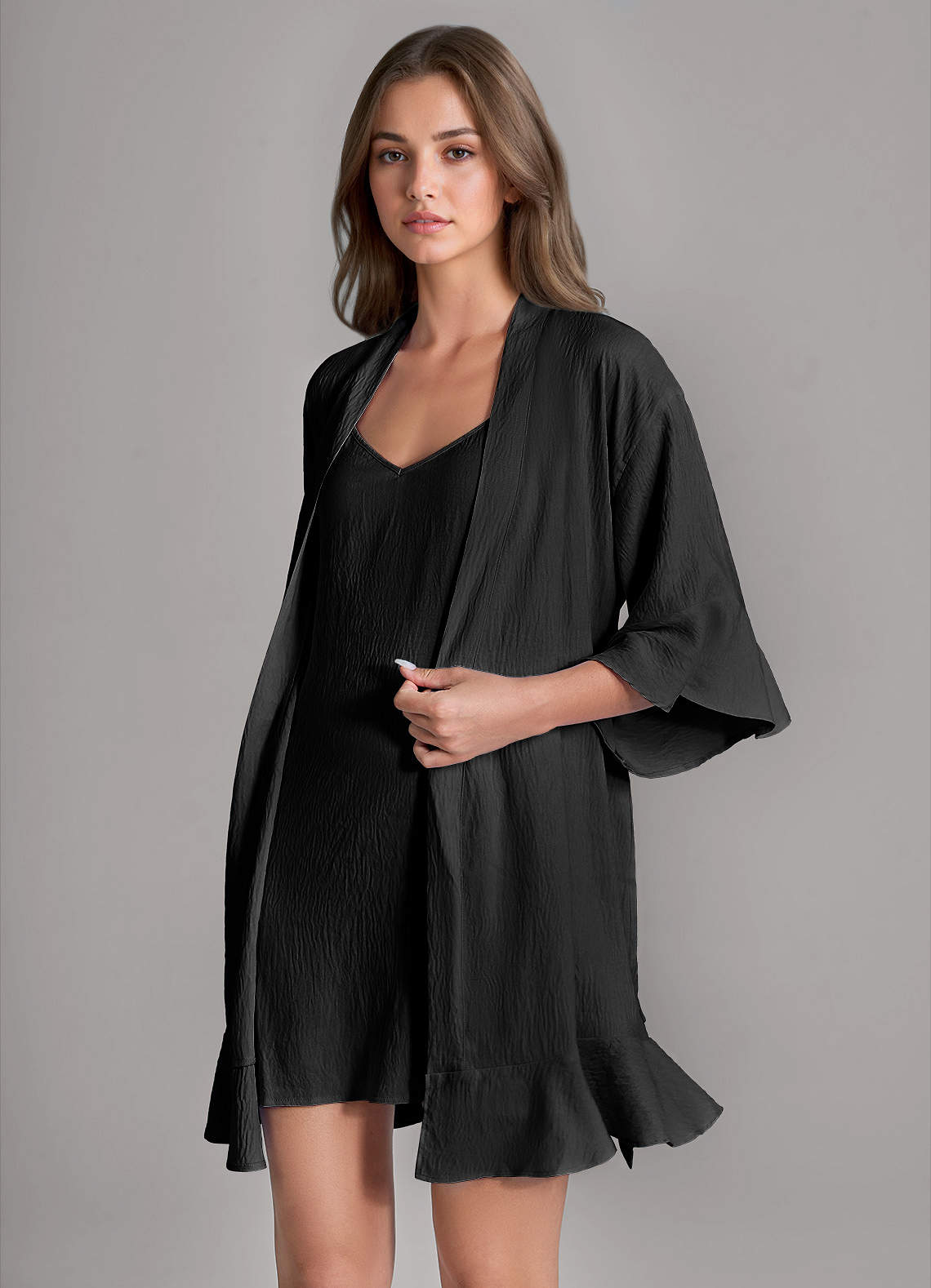 front Matching Color 2-Piece Ruffled Cloud-Soft Robe and Slip Set