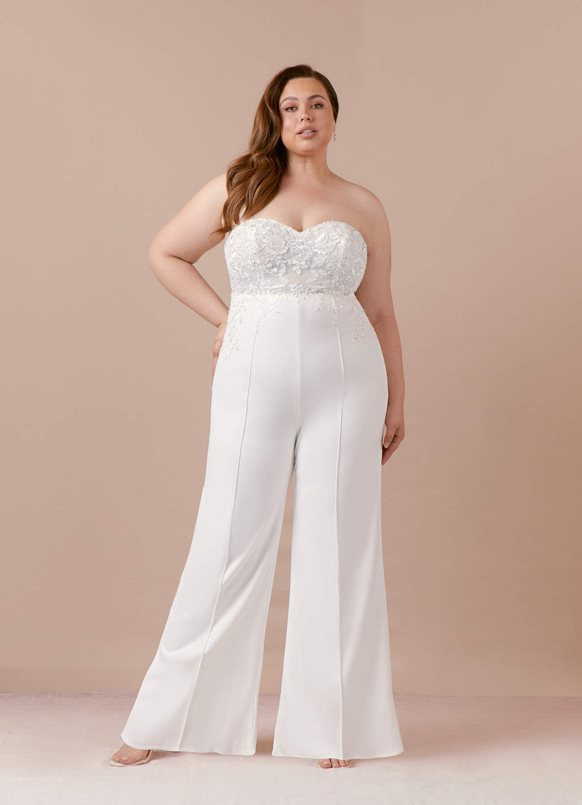 Azazie Bella Diamond White Pant Styles Lace Stretch Crepe Dress Ready to  Ship | Azazie