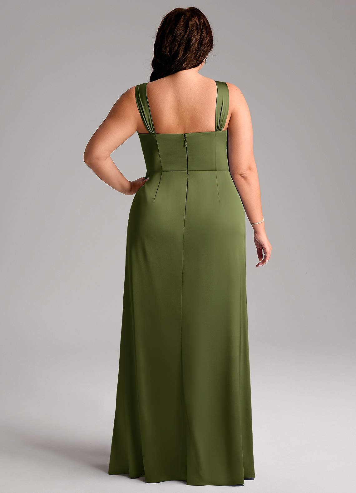 Azazie Denice Vestidos de damas de honor Vestido de Oliva de Satén Elástico de Corte Recto con Plisado image10