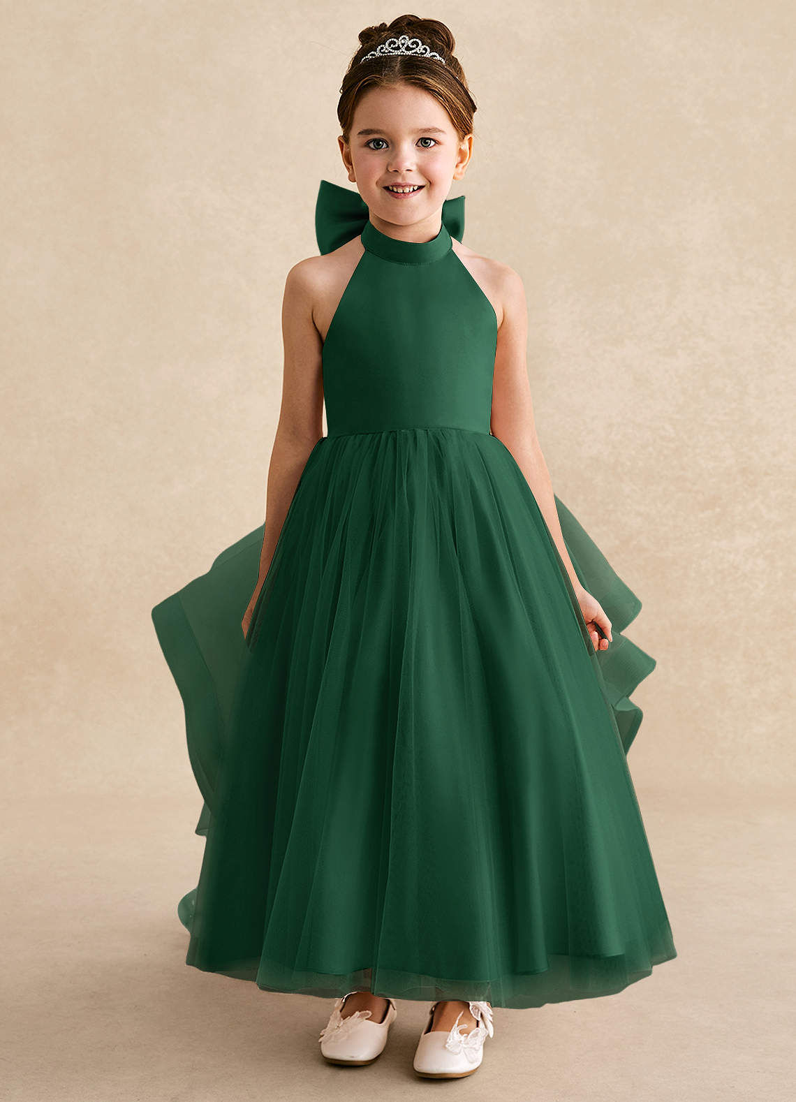 Azazie Bev Flower Girl Dresses Dark Green A-Line Convertible Tulle Dress image2
