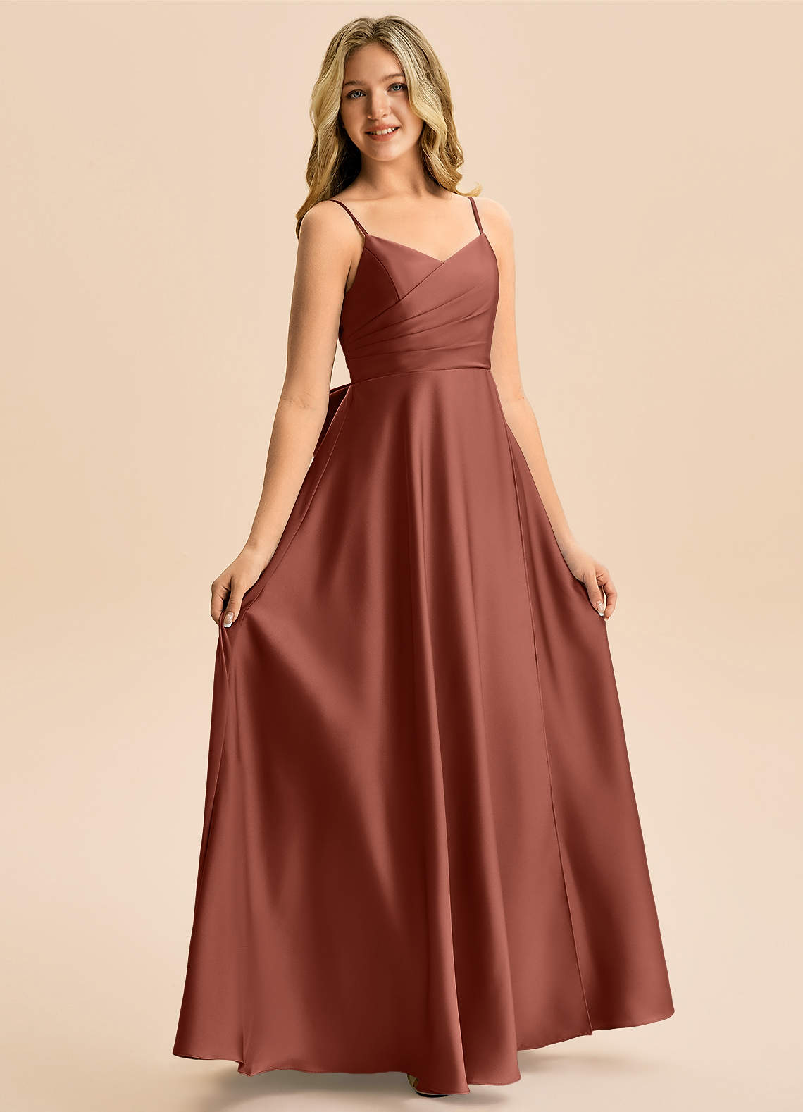 Azazie Rumi Junior Klä av A-Line i Stretch Satin Plisserad image4