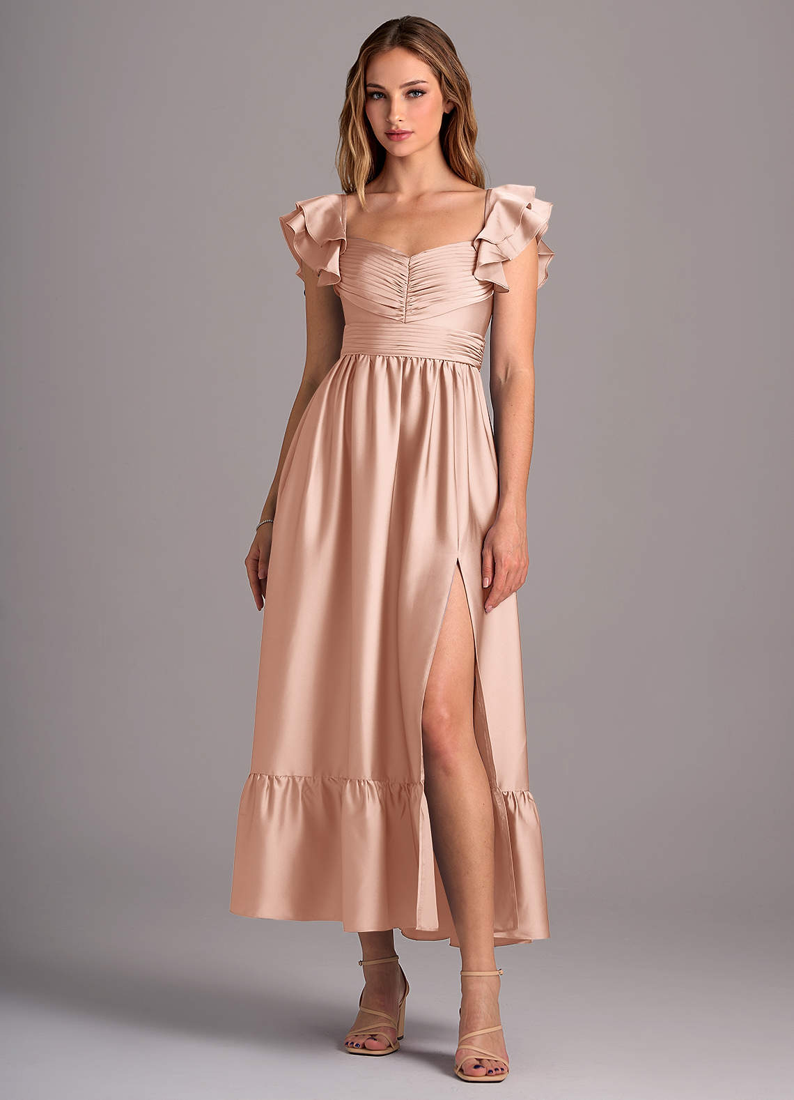 Azazie Anaya Brautjungfernkleider Wandelbar A-Linie Herzausschnitt Stretch-Satin Kleid Roségold image1