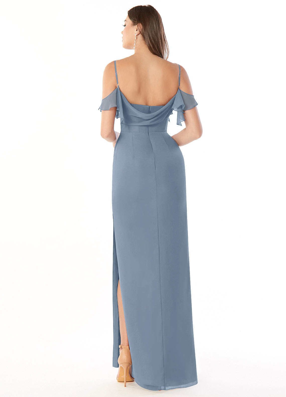 Azazie Emeralda Bridesmaid Dresses Dusty Blue Sheath Off the Shoulder Chiffon Dress image1